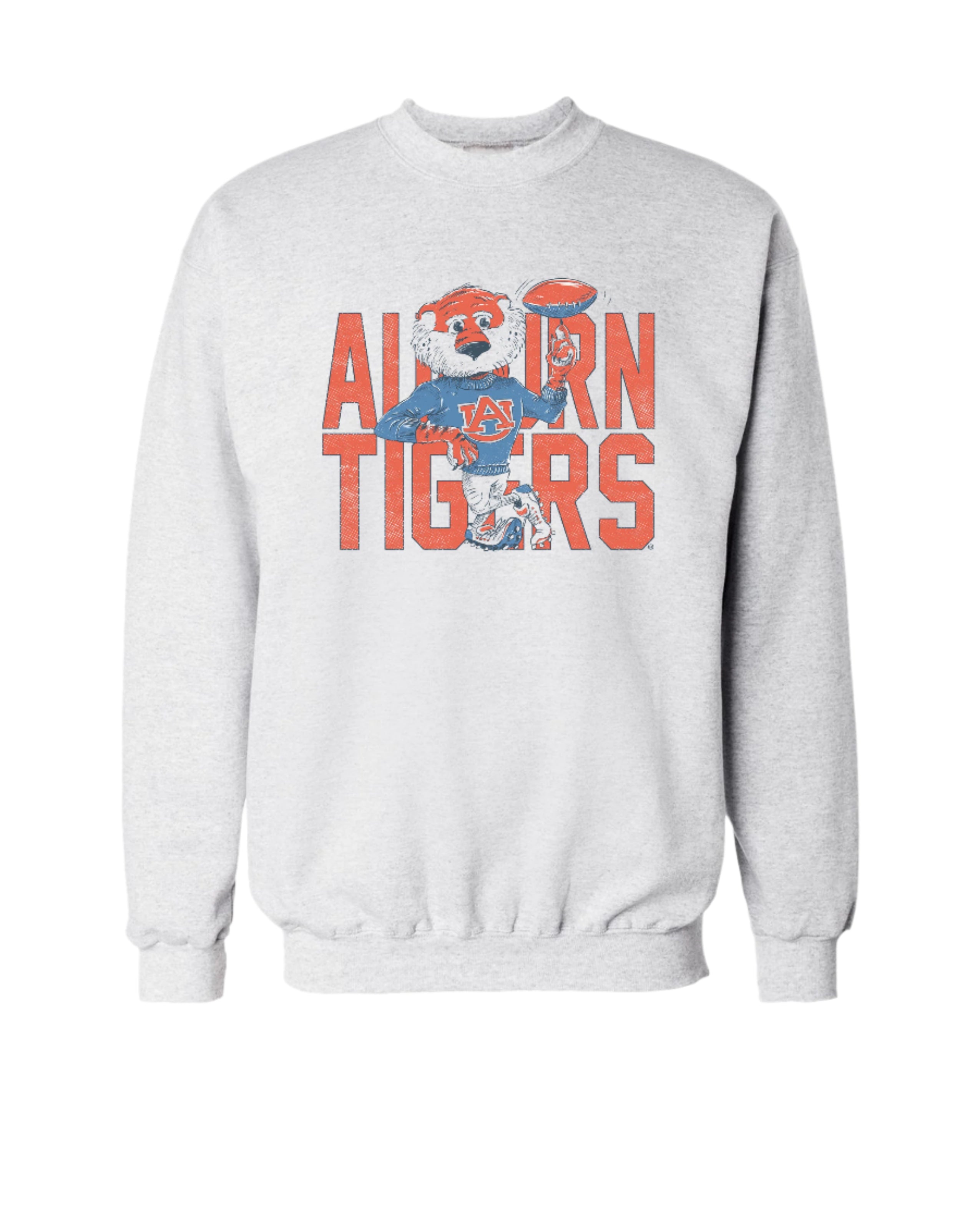Auburn University Grey Chill Aubie Sweatshirt with Orange text "Auburn Tigers” and a graphic of Aubie leaning against the "G" of "Tigers"