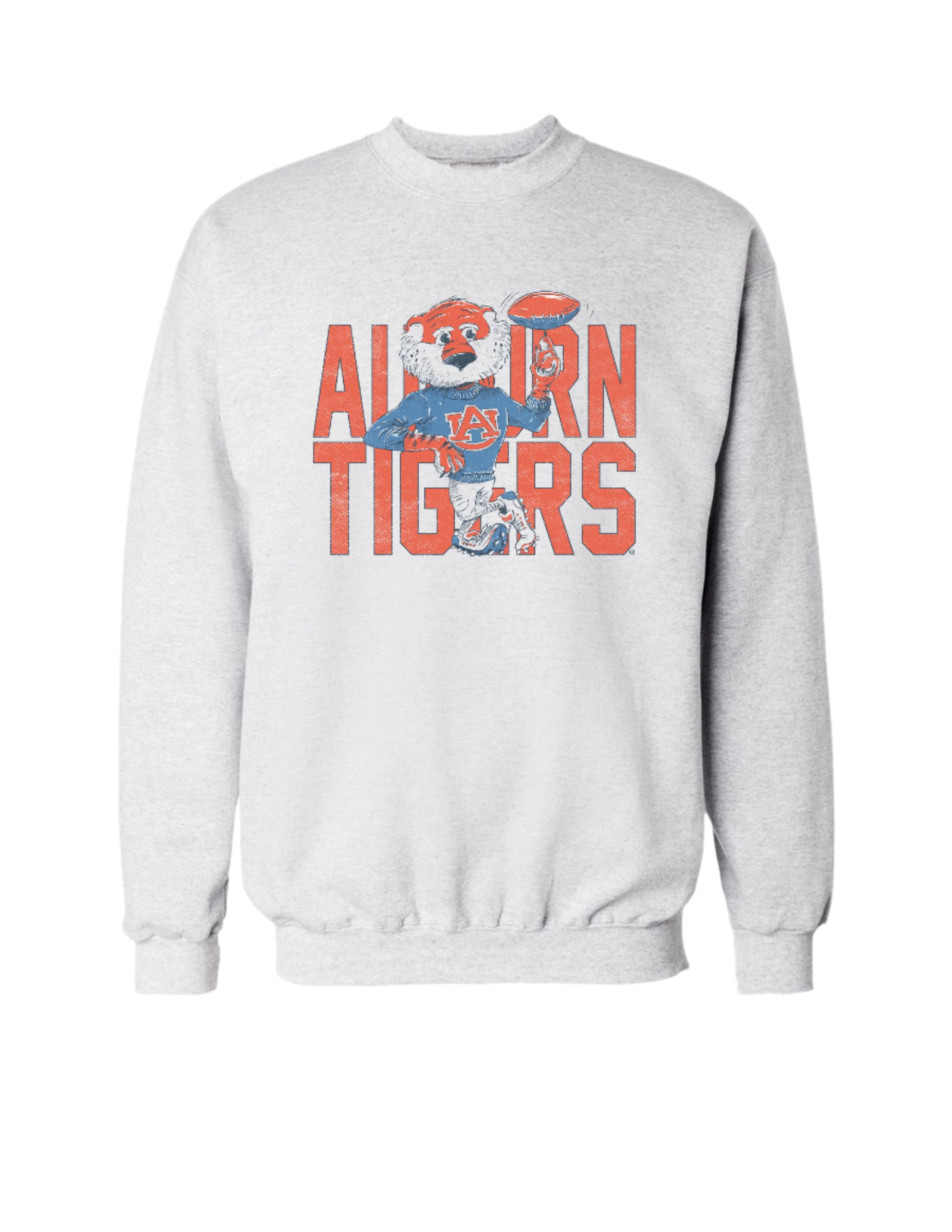 Auburn University Grey Chill Aubie Sweatshirt with Orange text "Auburn Tigers” and a graphic of Aubie leaning against the "G" of "Tigers"