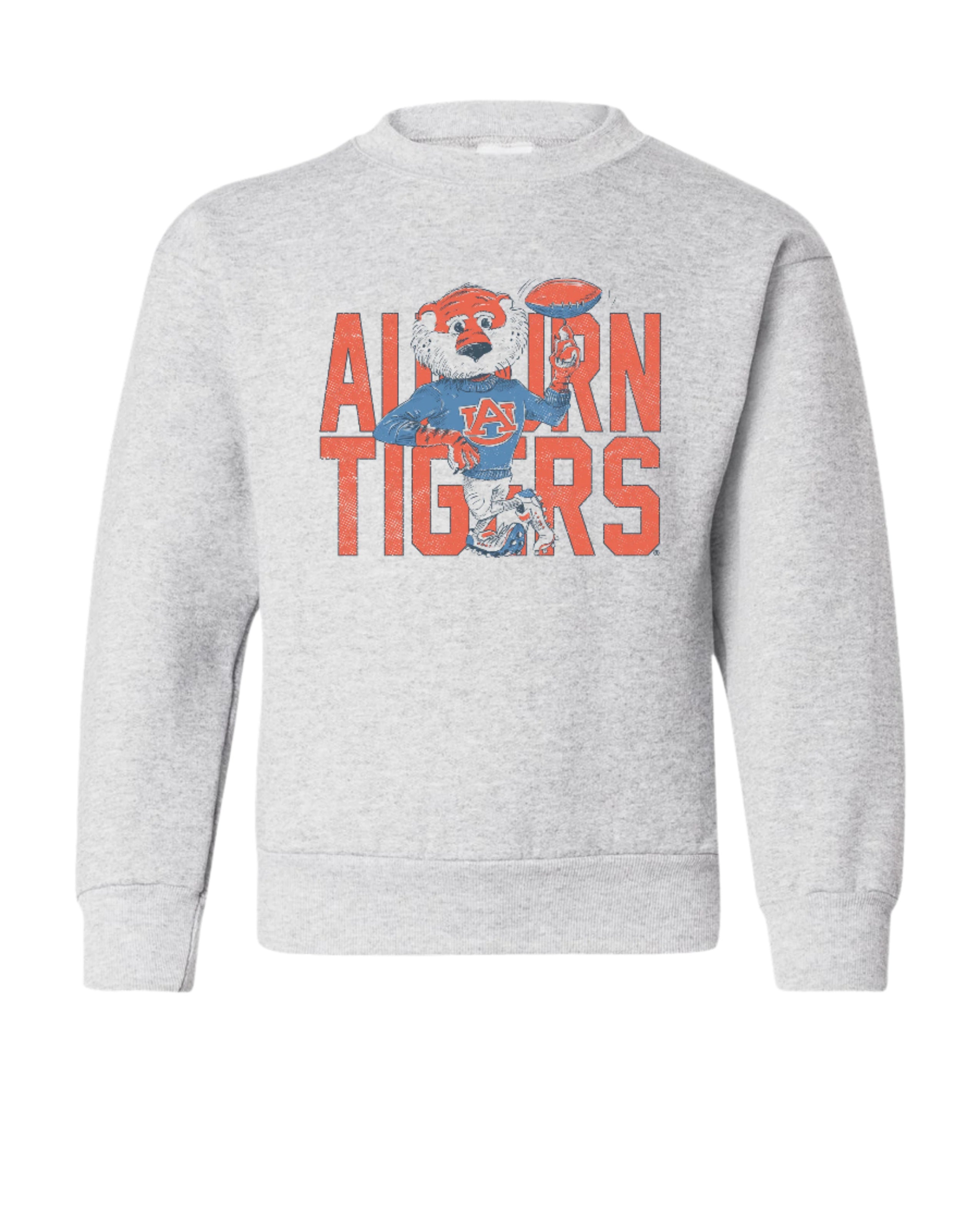 Auburn University Gray Chill Aubie Youth Sweatshirt with Orange text "Auburn Tigers" and a graphic of Aubie leaning against the "G" of "Tigers"