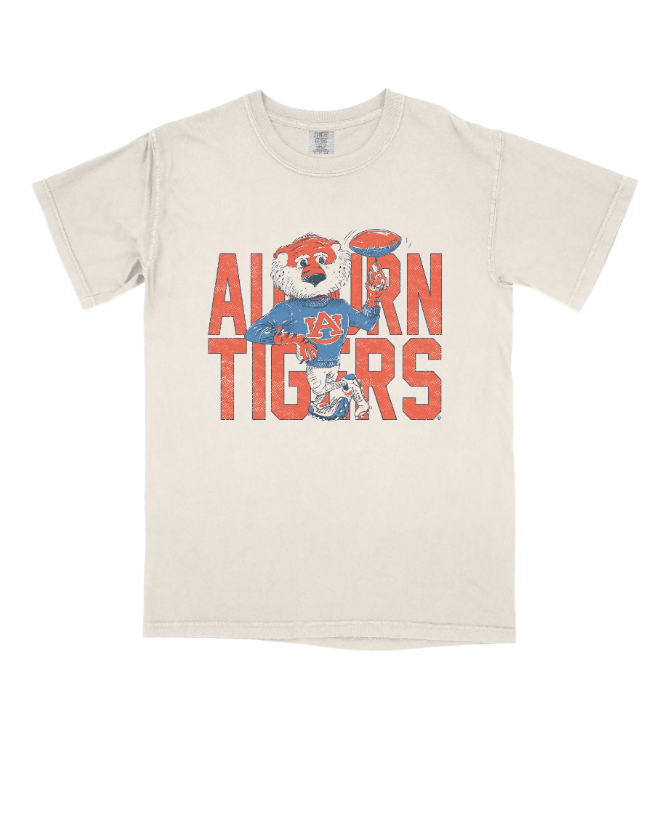 Auburn University Cream Chill Aubie Comfort Colors T-Shirt with Orange text "Auburn Tigers" and a graphic of Aubie leaning against the "G" of "Tigers"