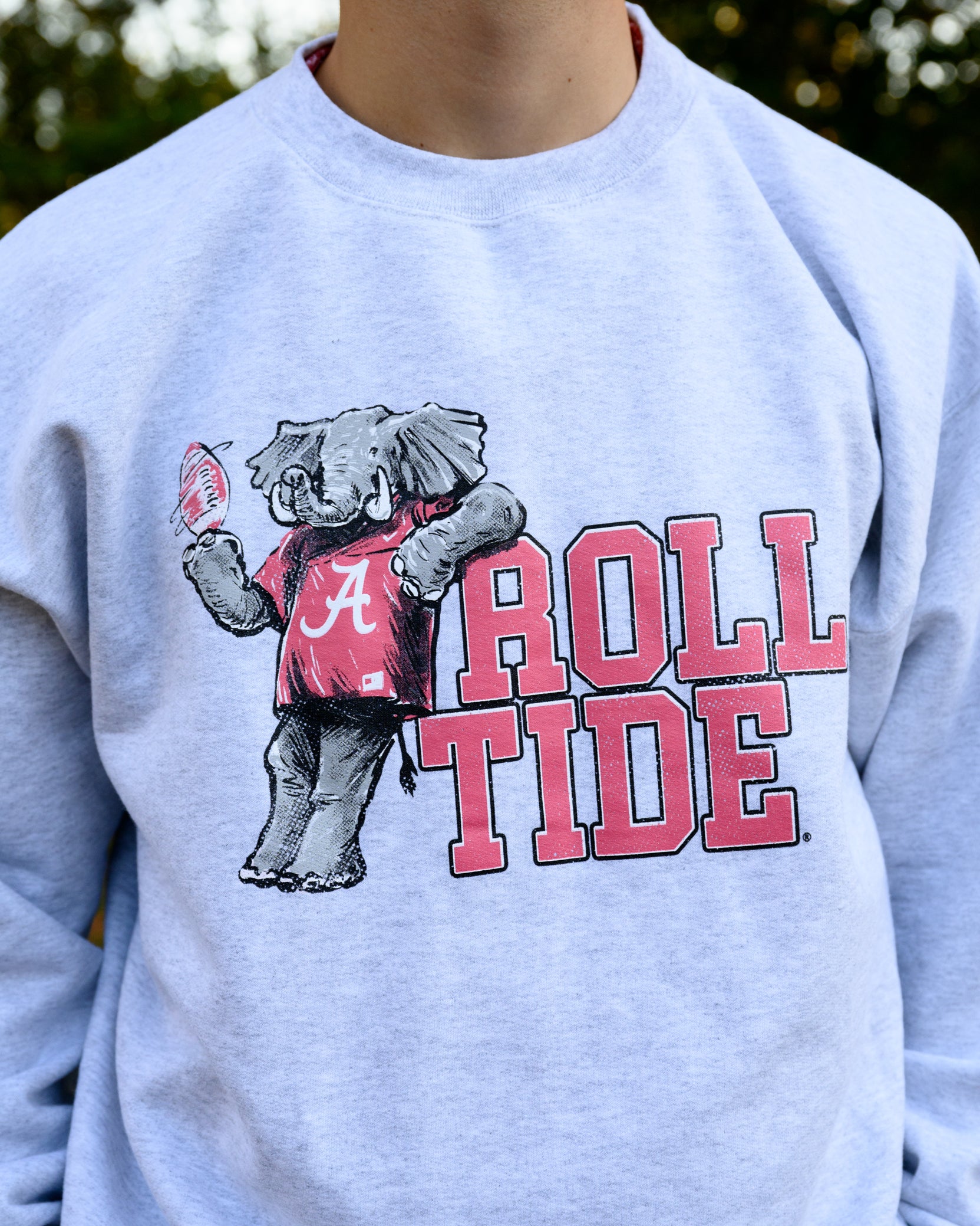 University of Alabama Gray Chill Big Al Sweatshirt with Red text "Roll Tide" and a graphic of Big Al leaning against the "R" of "Roll"