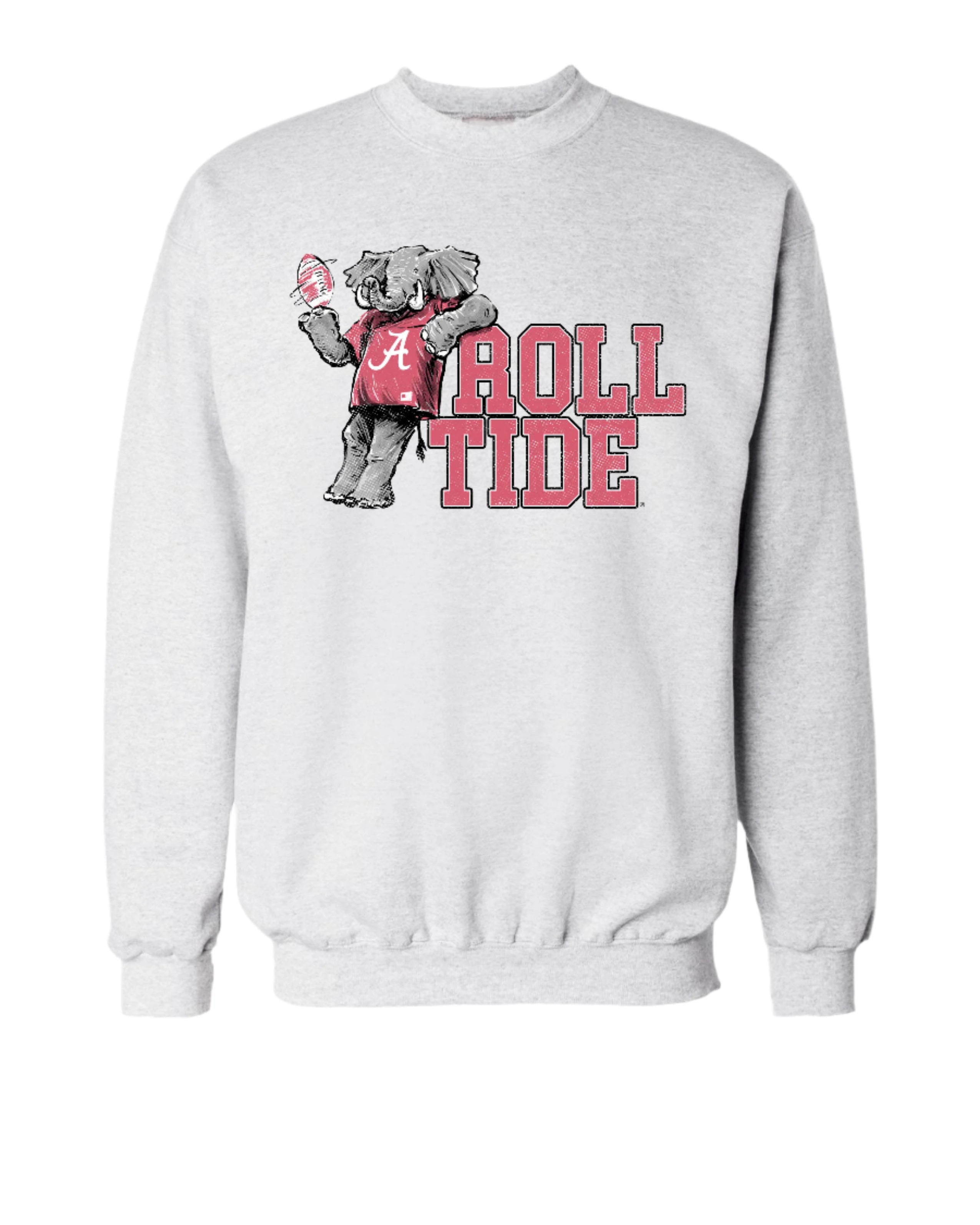 University of Alabama Gray Chill Big Al Sweatshirt with Red text "Roll Tide" and a graphic of Big Al leaning against the "R" of "Roll"