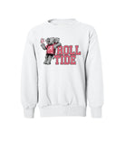 University of Alabama White Youth Chill Big Al Sweatshirt with Red text "Roll Tide" and a graphic of Big Al leaning against the "R" of "Roll"
