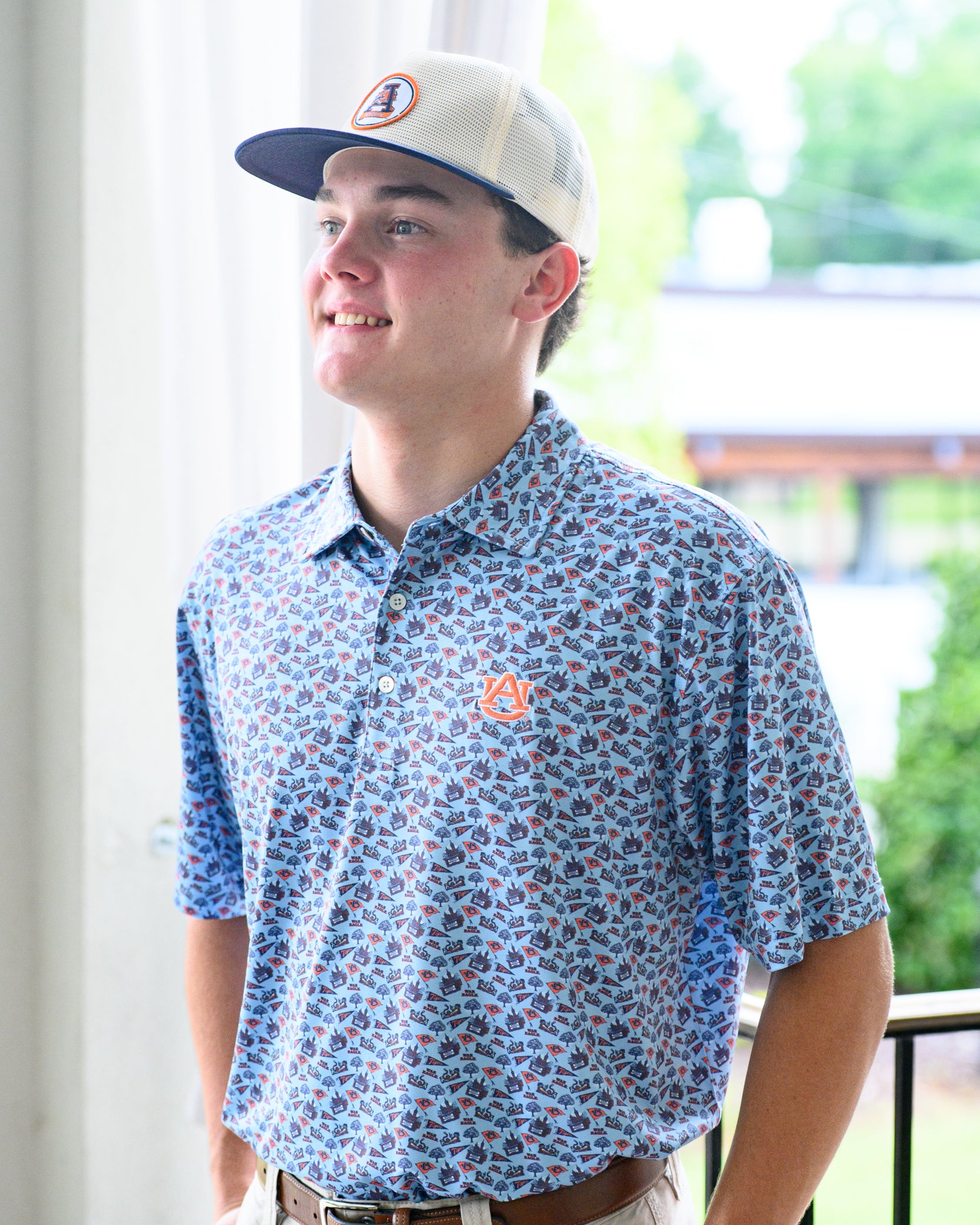 Auburn University Blue Men’s Patterned Polo with the AU Logo embroidery
