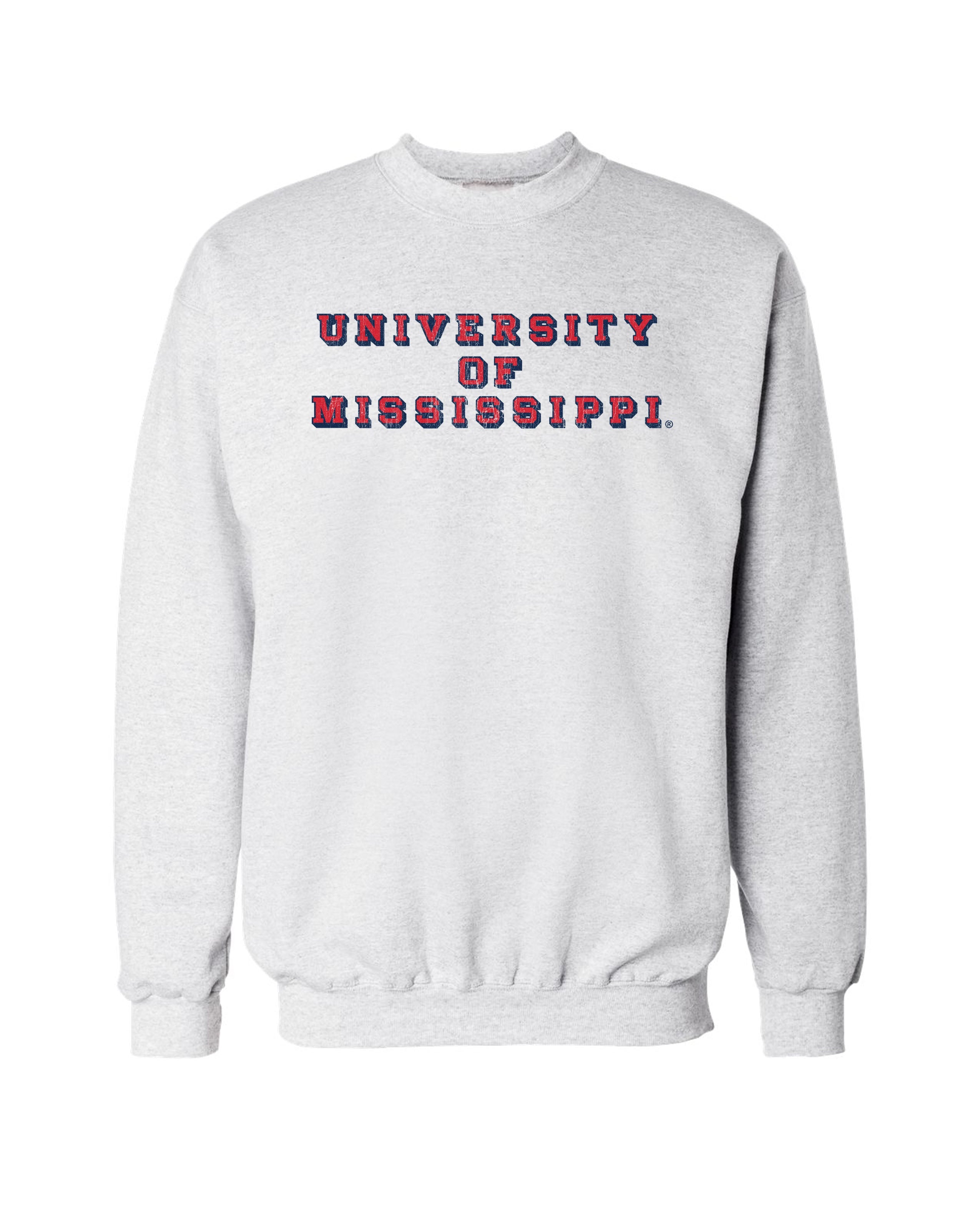 Ole Miss Light Grey Sweatshirt with Red text “University of Mississippi”