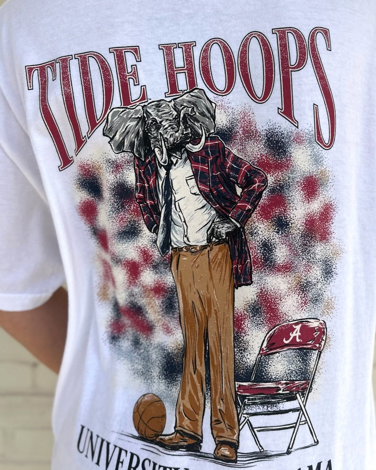 University of Alabama White Coach Big Al Comfort Colors T-Shirt with Re  text "Tide Hoops" above an image of Big Al in a suit, tie, and khakis at a basketball game