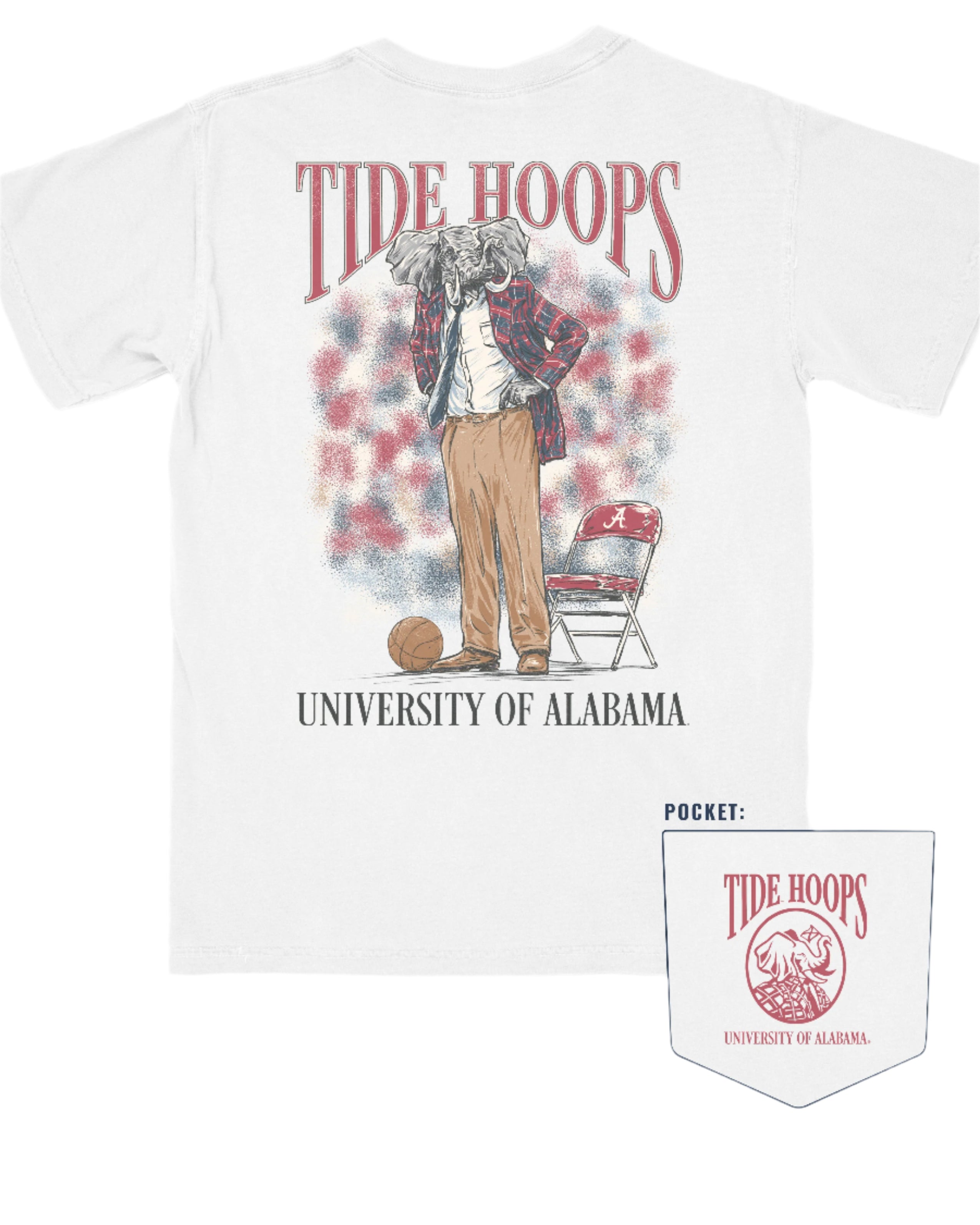 University of Alabama White Coach Big Al Comfort Colors T-Shirt with Re  text "Tide Hoops" above an image of Big Al in a suit, tie, and khakis at a basketball game