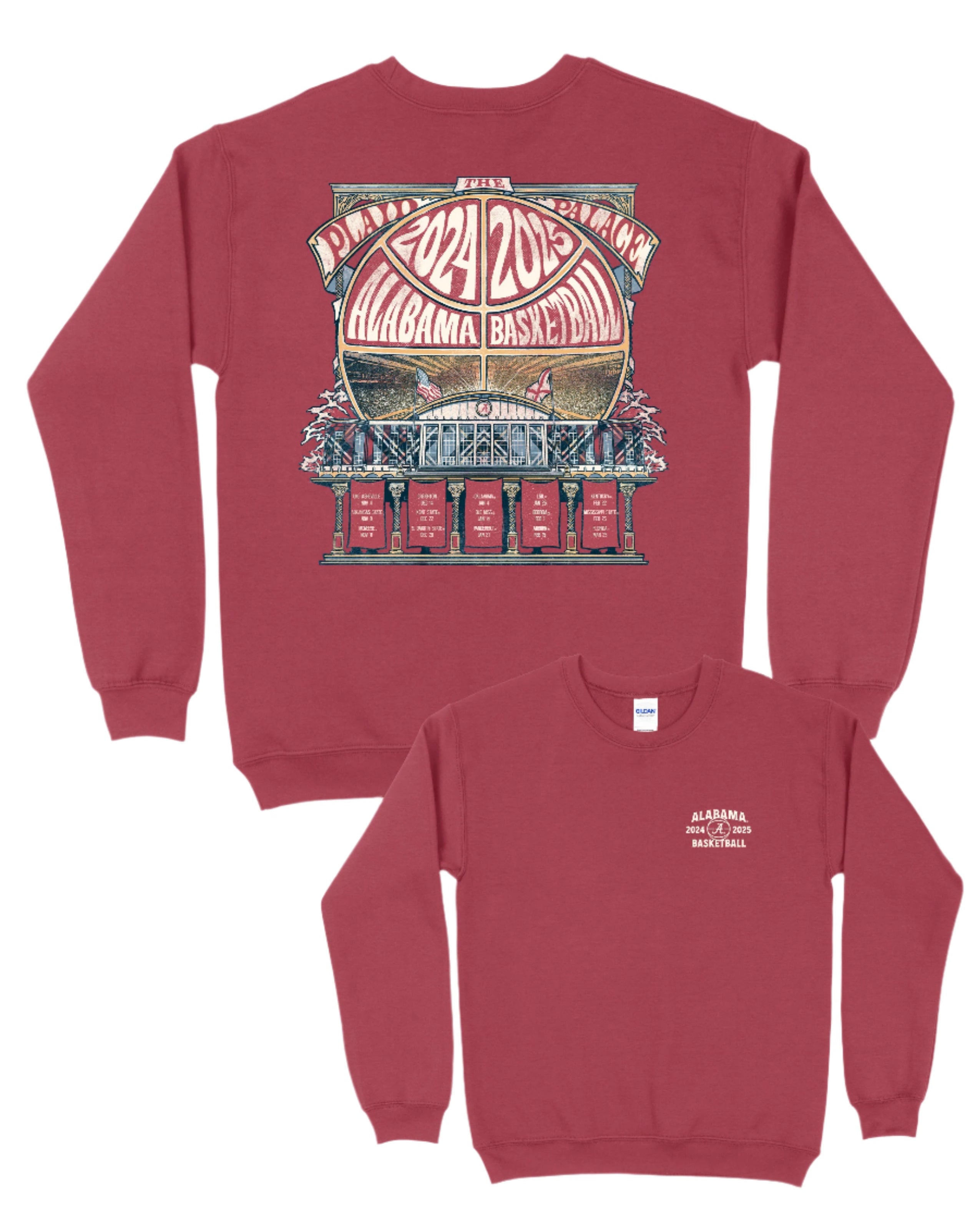 University of Alabama Red Coleman Coliseum Sweatshirt with a graphic of a basketball outline with white text "2024 2025 Alabama Basketball" behind Coleman Coliseum