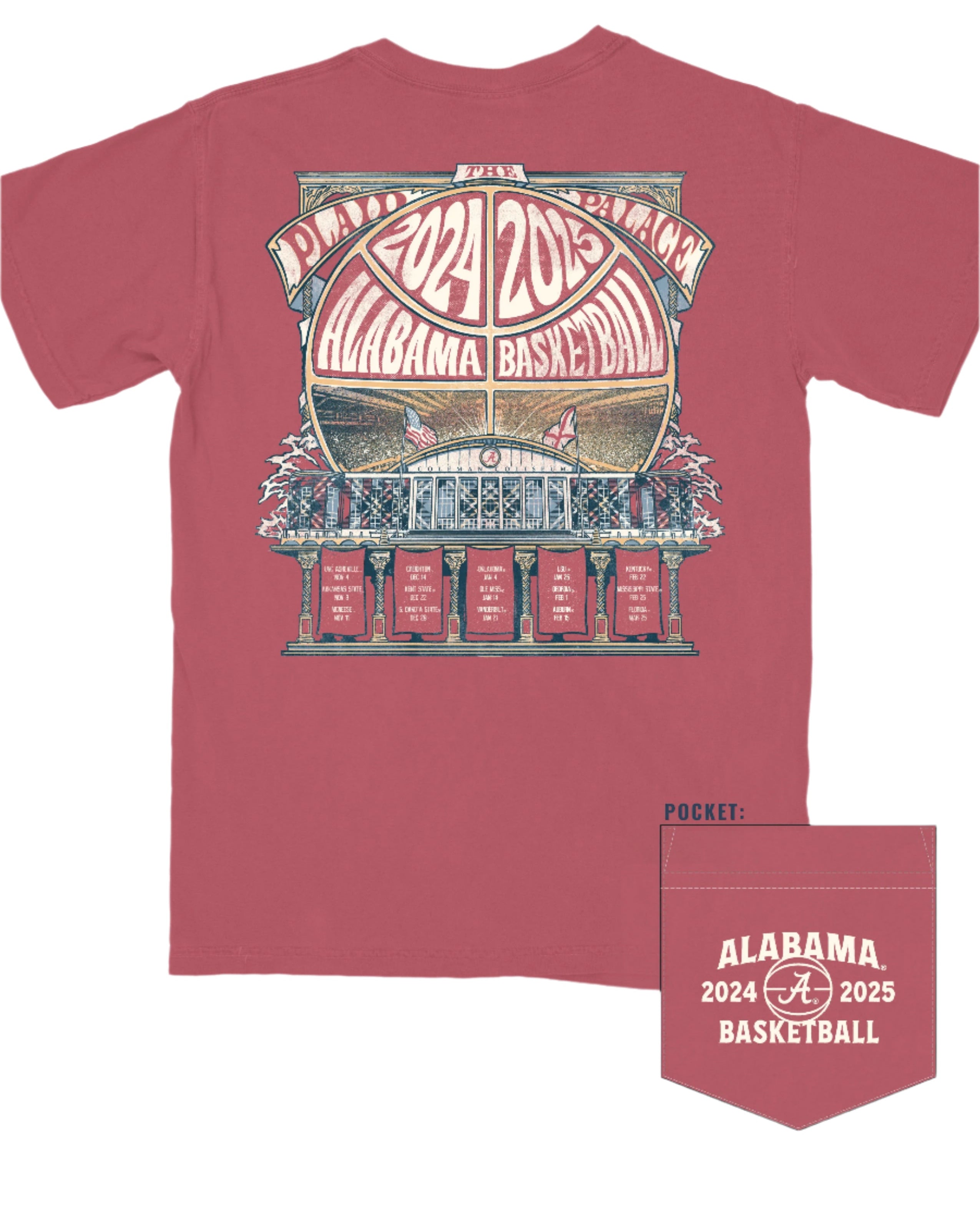 University of Alabama Red Coleman Coliseum T-Shirt with a graphic of a basketball outline with white text "2024 2025 Alabama Basketball" behind Coleman Coliseum