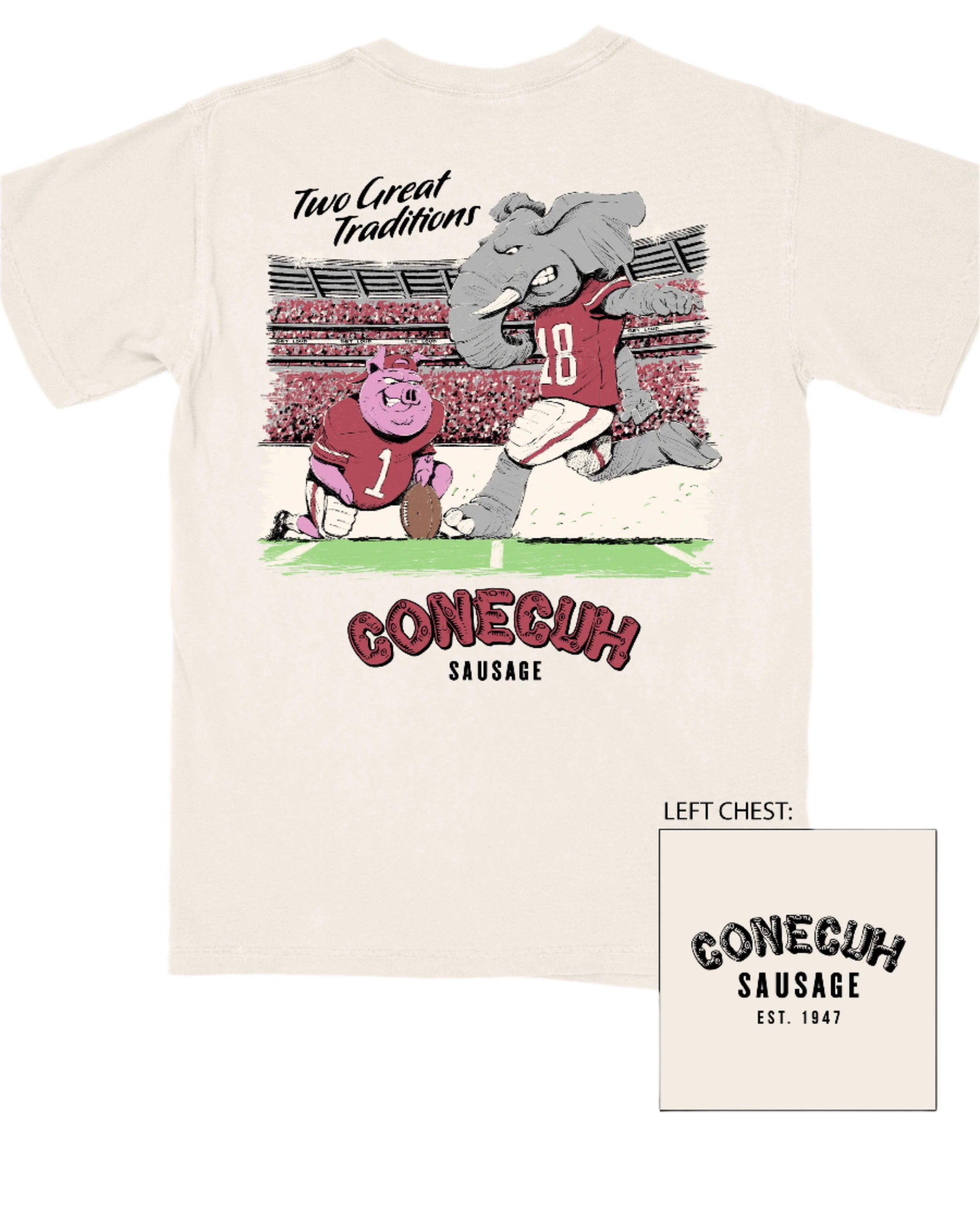 University of Alabama Conecuh Traditions Ivory Comfort Colors T-Shirt with Black text "Two Great Traditions" above an illustration of a pig holding a football for Big Al to kick