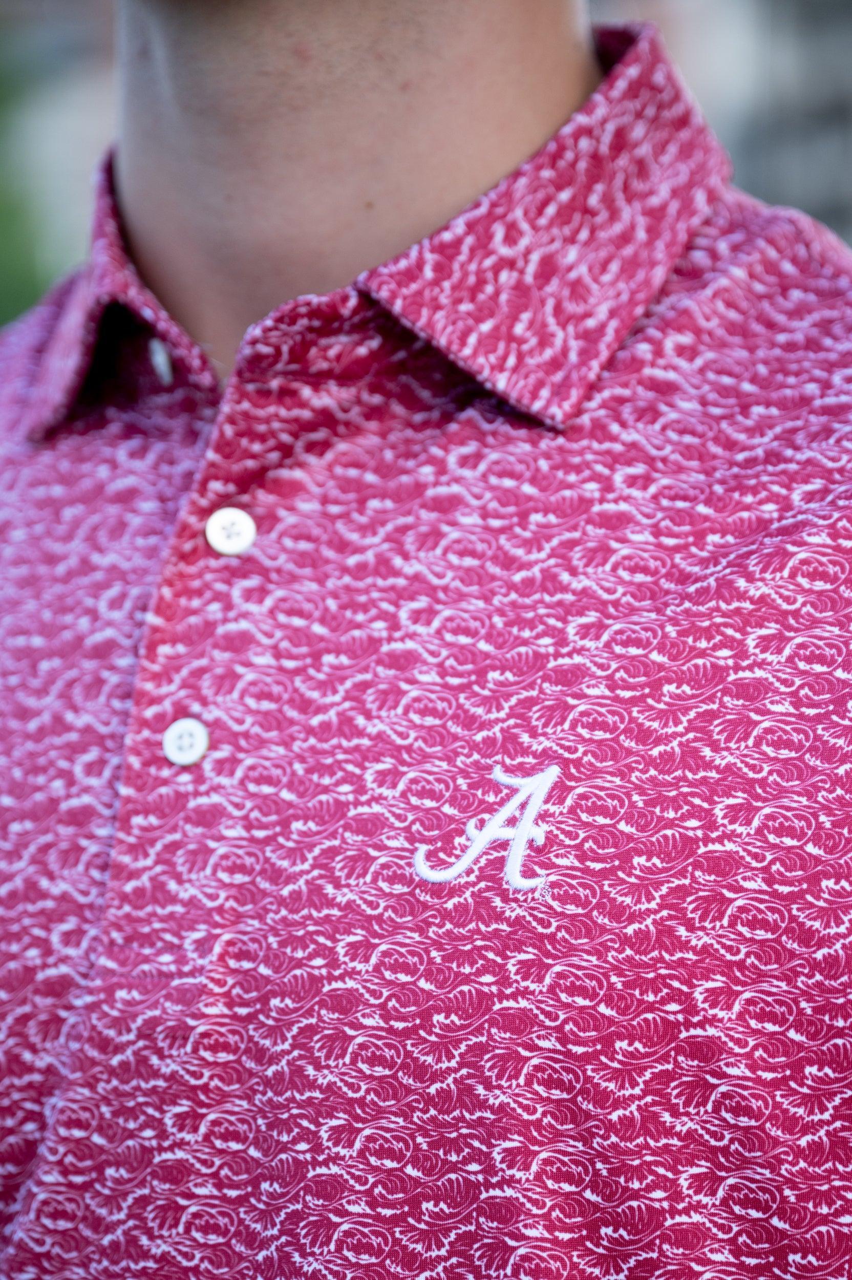 University of Alabama Red Men's Performance Polo with a White wave pattern and White Script A embroidery