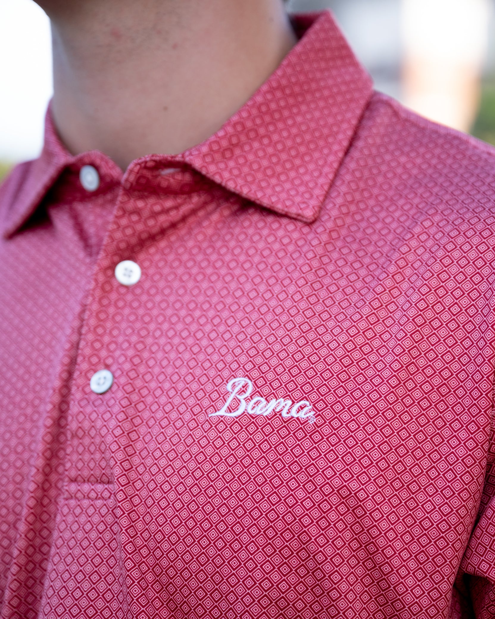 University of Alabama Red Men's Diamond Polo with White script "Bama" Embroidery
