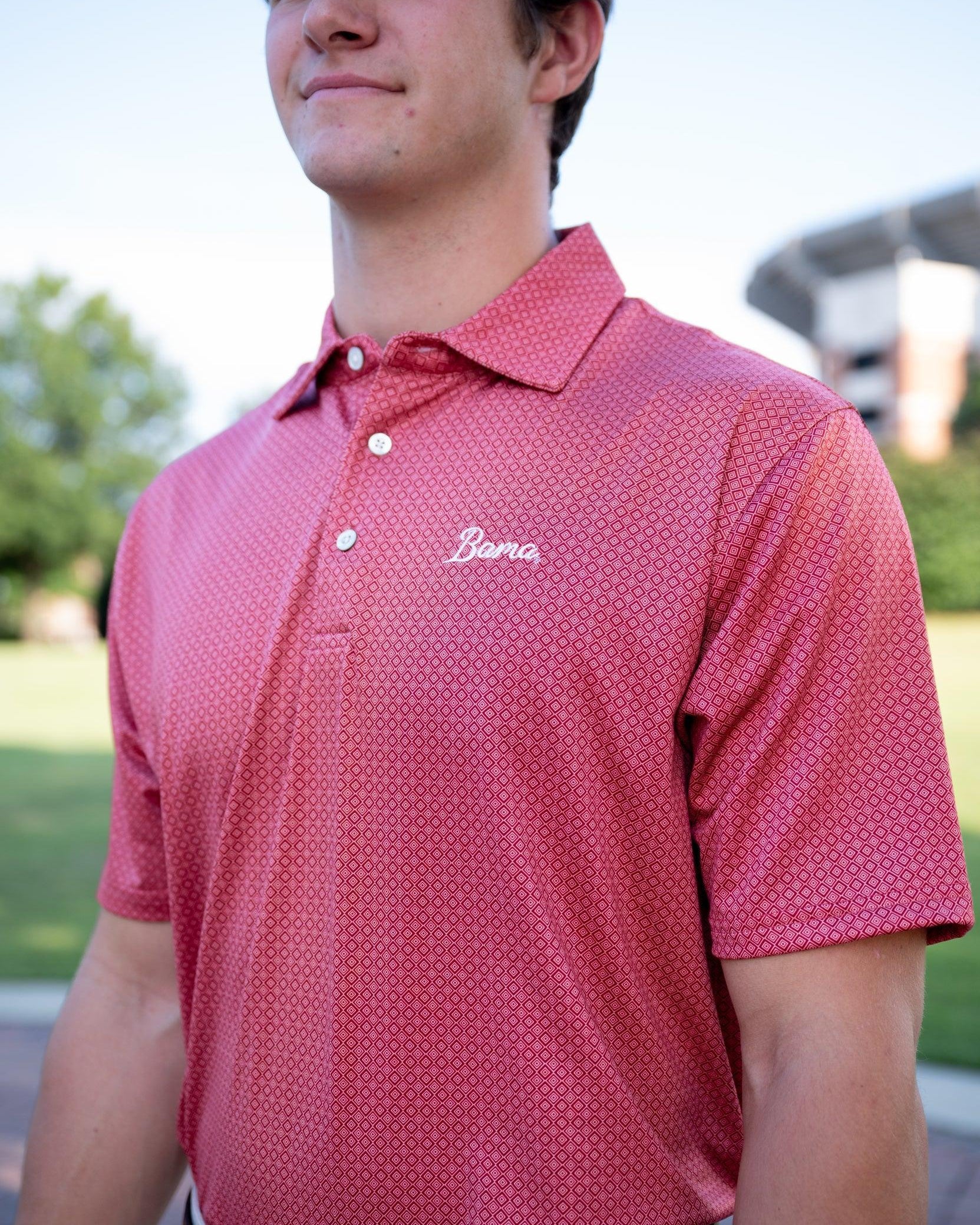 University of Alabama Red Men's Diamond Polo with White script "Bama" Embroidery