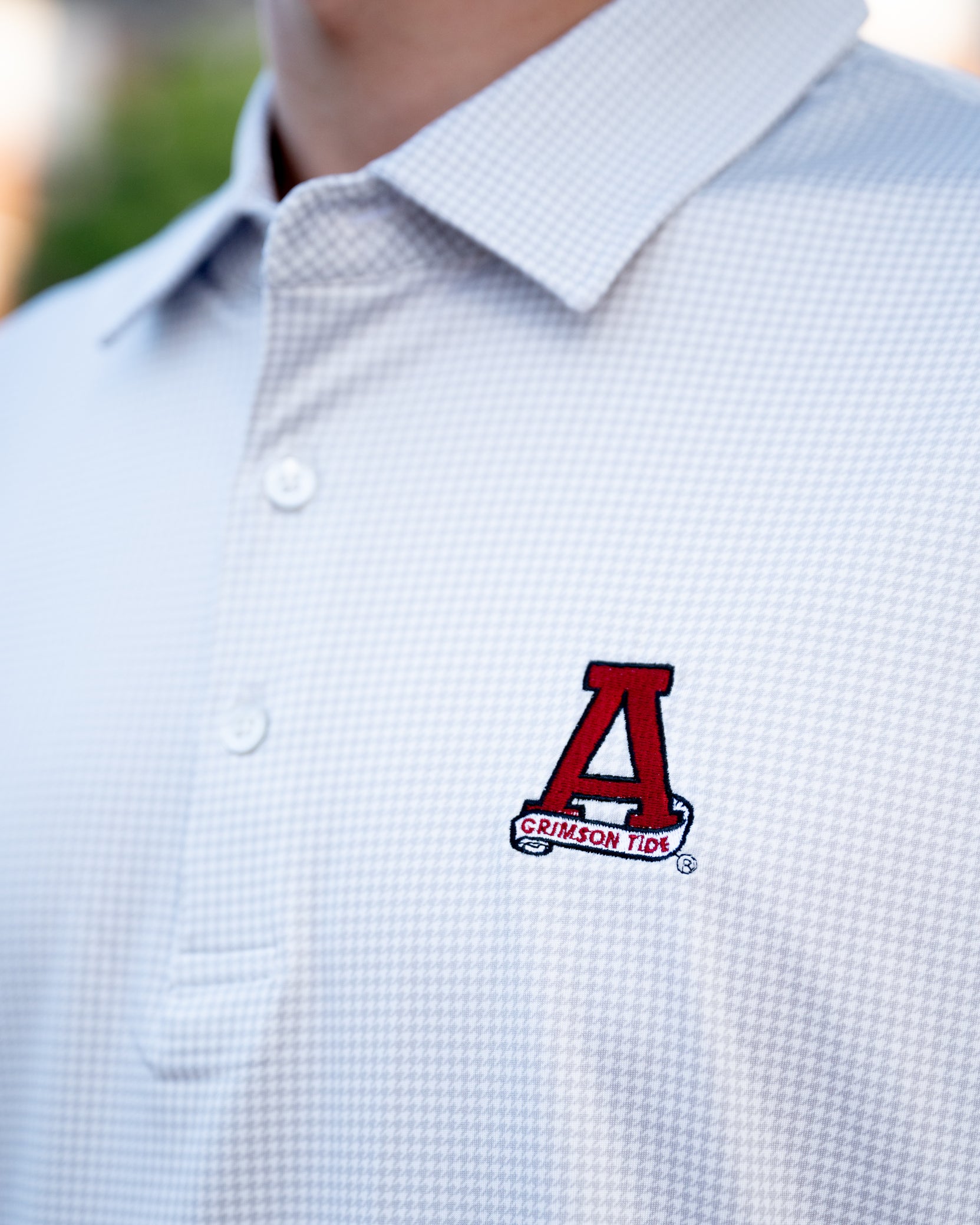 University of Alabama Grey Men's Houndstooth Polo with a subtle Light Grey houndstooth pattern and a Red embroidered Block A
