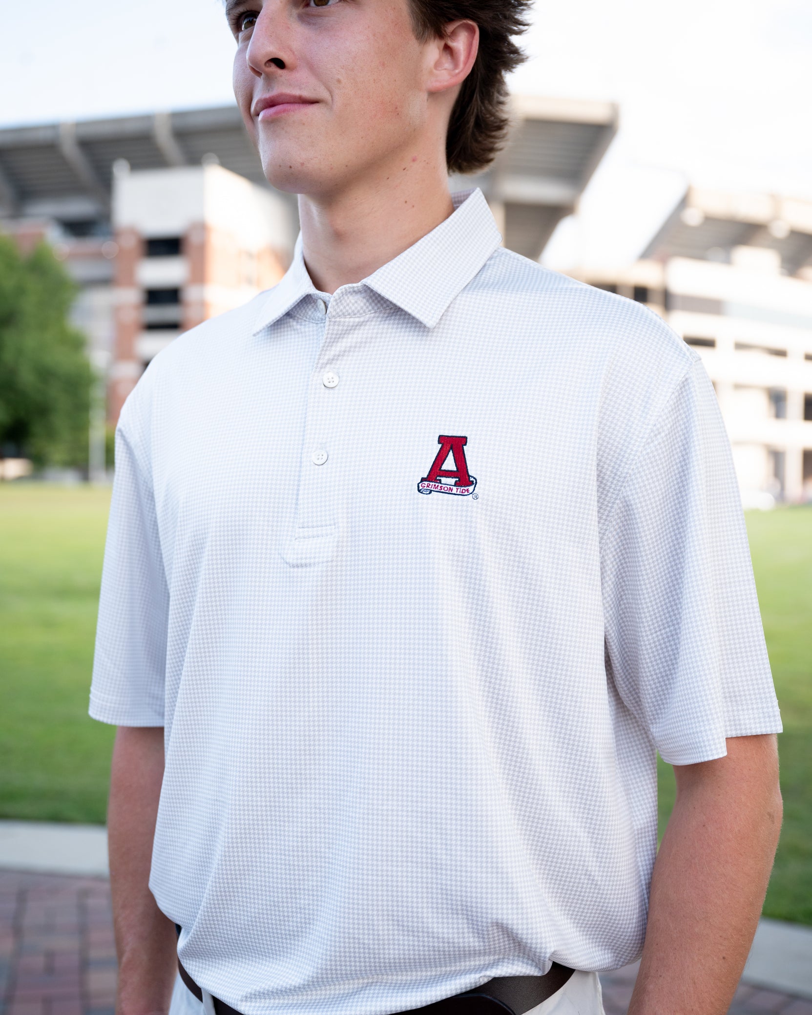 University of Alabama Grey Men's Houndstooth Polo with a subtle Light Grey houndstooth pattern and a Red embroidered Block A