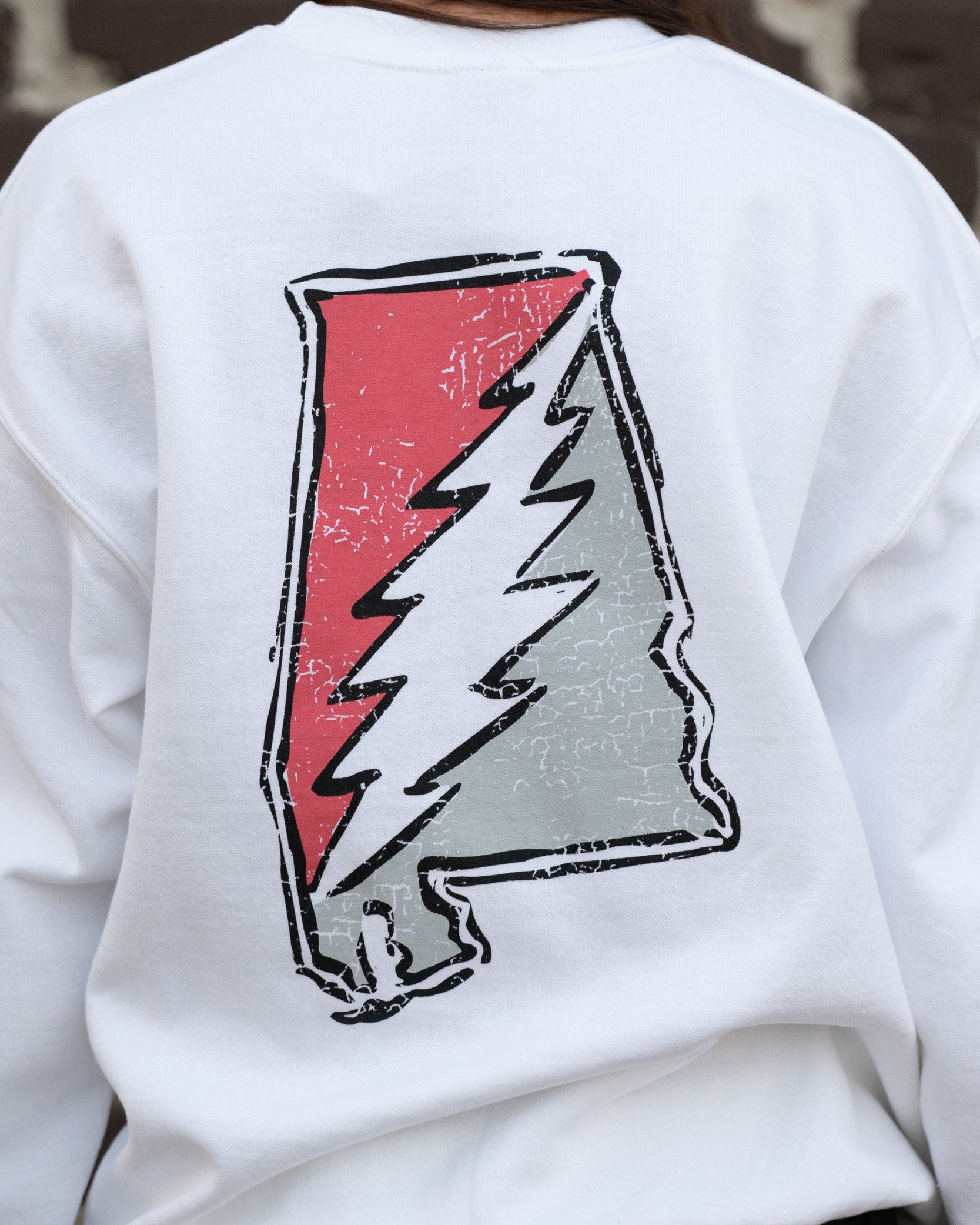 Crimson and Grey Grateful State White Gildan Sweatshirt with a Red and Grey print of the Alabama "Grateful State" Logo