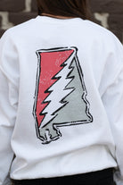 Crimson and Grey Grateful State White Gildan Sweatshirt with a Red and Grey print of the Alabama "Grateful State" Logo