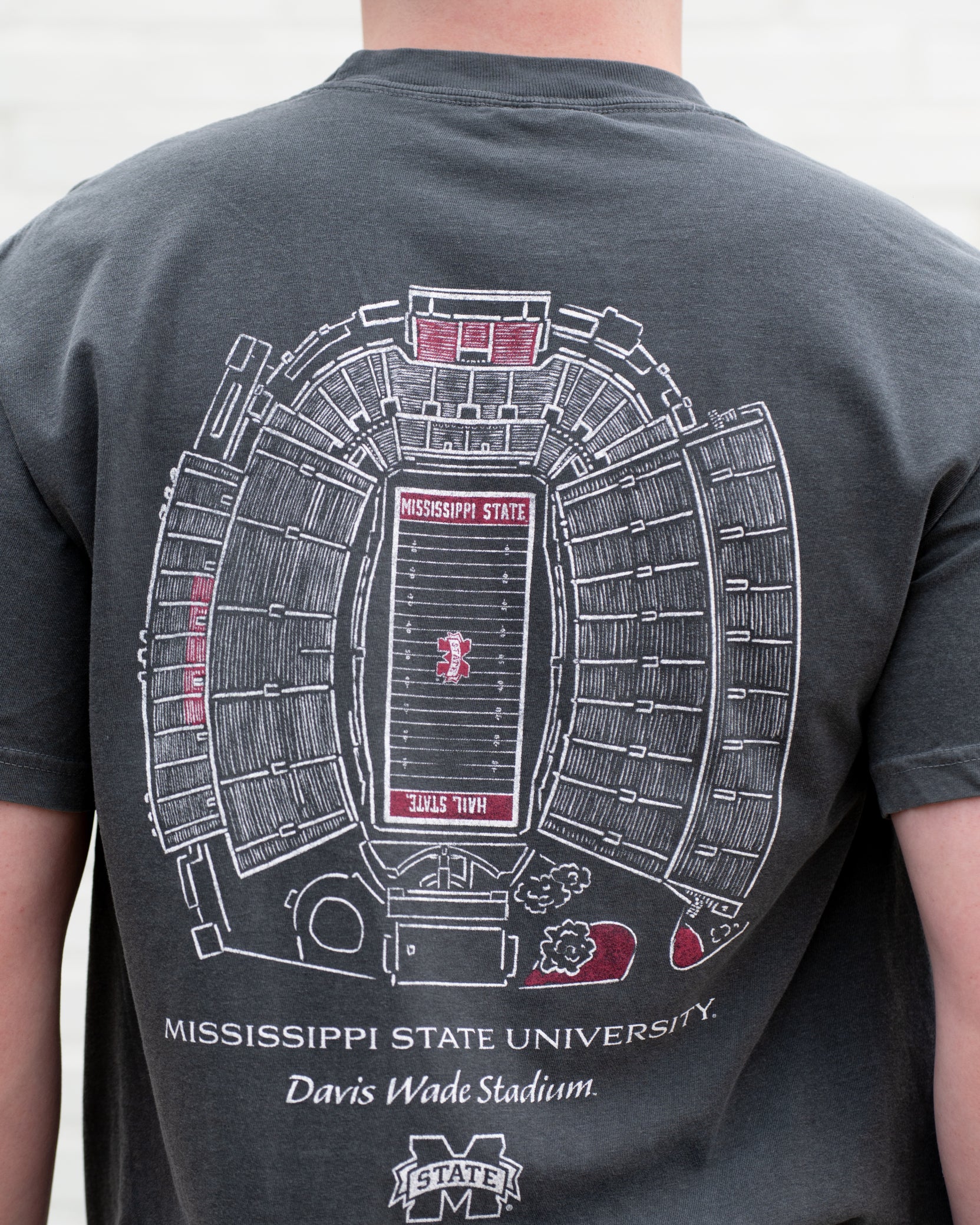 Mississippi State Dark Grey T-Shirt with a blueprint of the Davis Wade Stadium