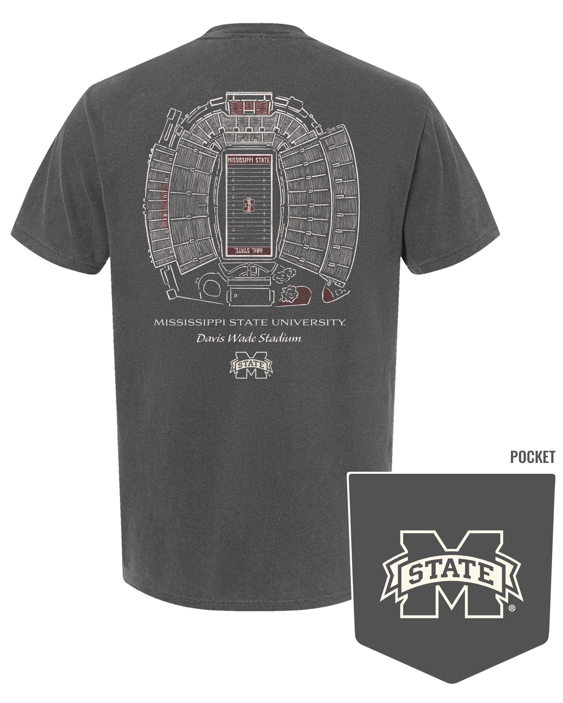 Mississippi State Dark Grey T-Shirt with a blueprint of the Davis Wade Stadium