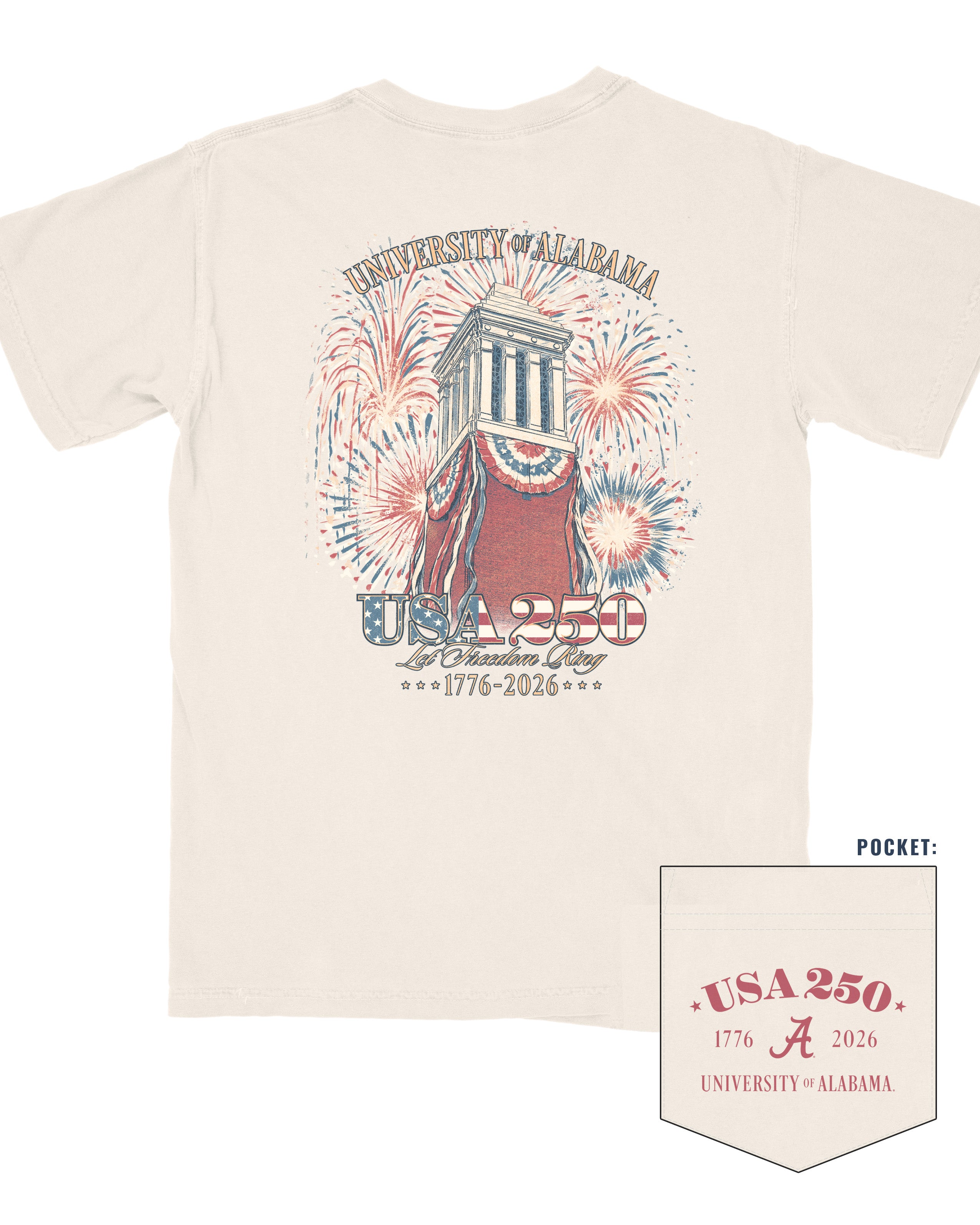 University of Alabama Ivory T-Shirt with an image of Denny Chimes decorated in Americana banners and fireworks exploding behind it with text “USA 250”