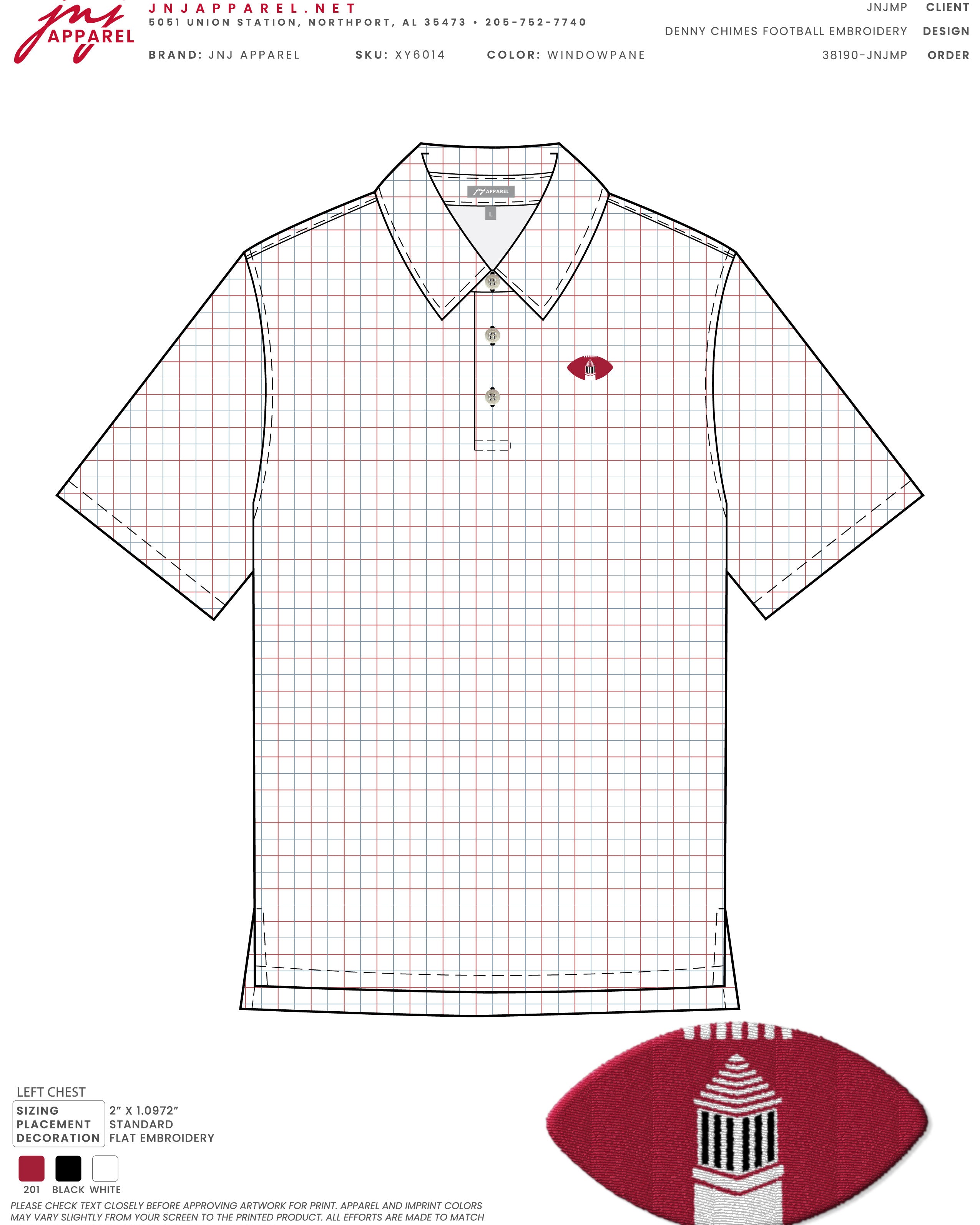 University of Alabama Red/Blue/White patterned Men’s Polo with Denney Chimes in a football embroidered on the chest