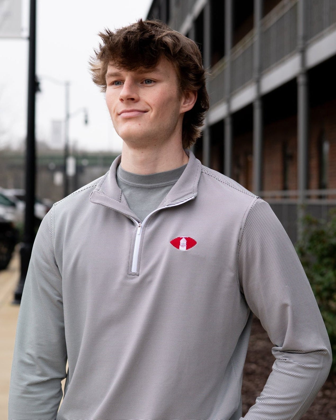 University of Alabama Grey Striped Men’s ¼ Zip Pullover with Denney Chimes in a football embroidered on the chest