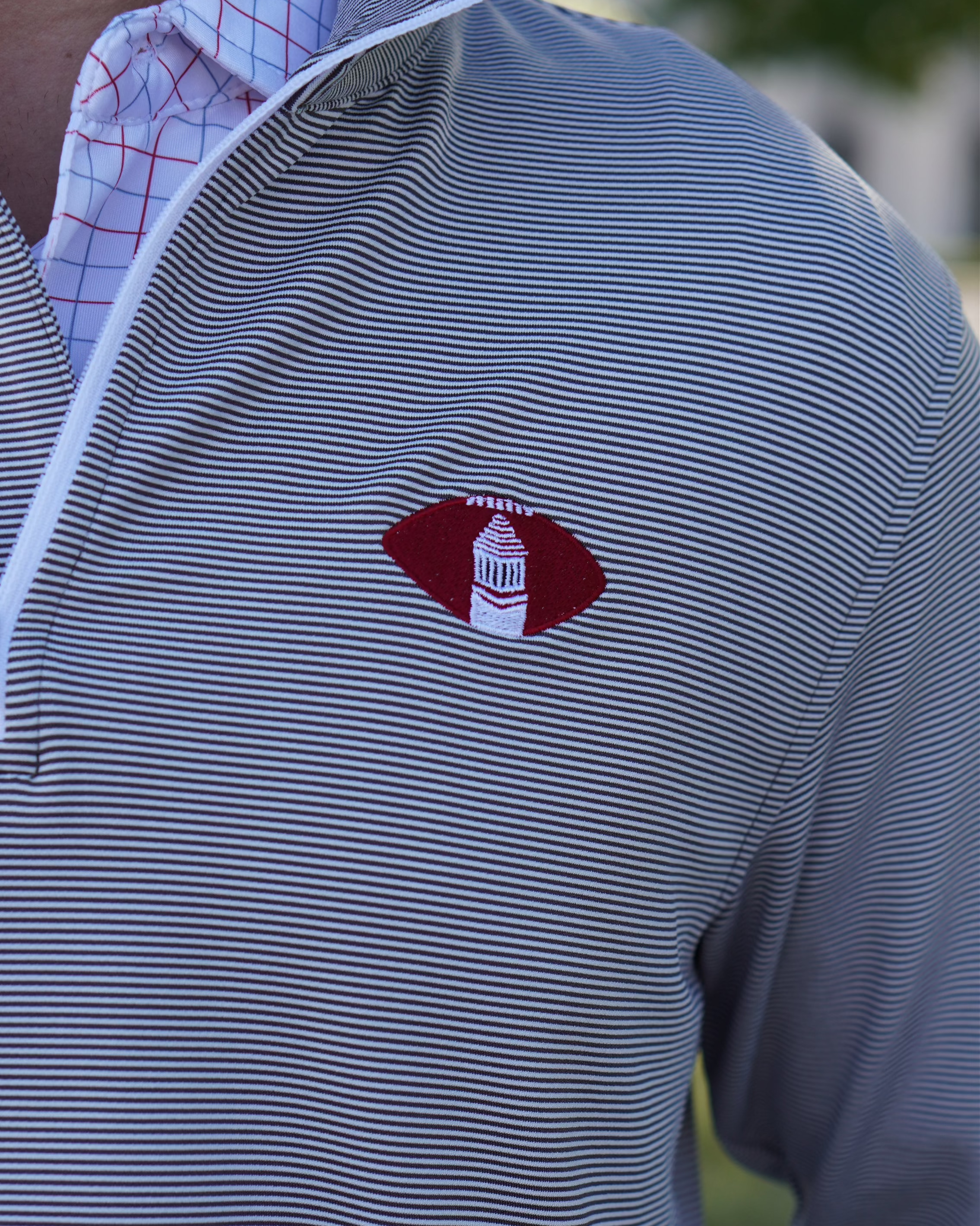 University of Alabama Grey Striped Men’s ¼ Zip Pullover with Denney Chimes in a football embroidered on the chest