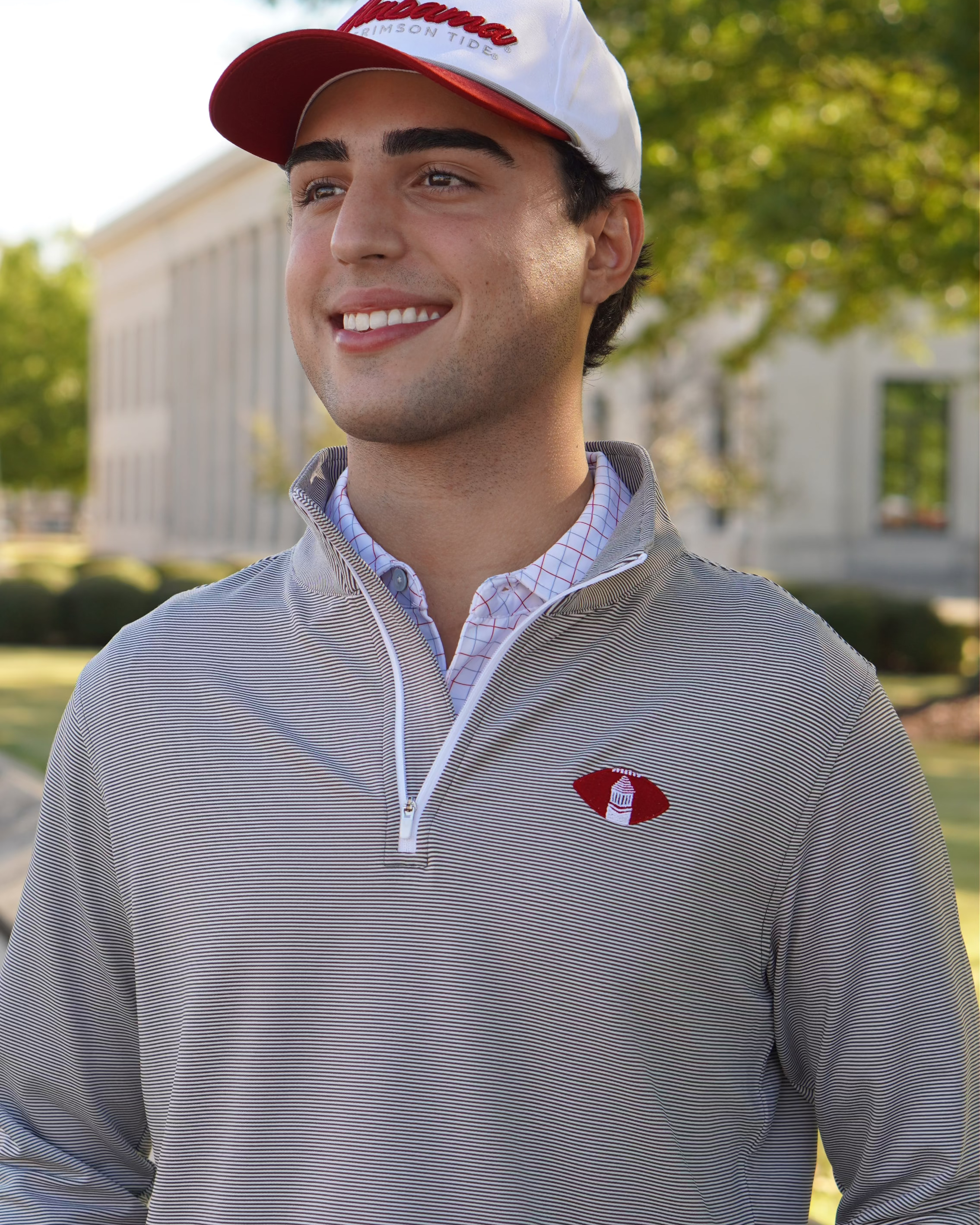University of Alabama Grey Striped Men’s ¼ Zip Pullover with Denney Chimes in a football embroidered on the chest