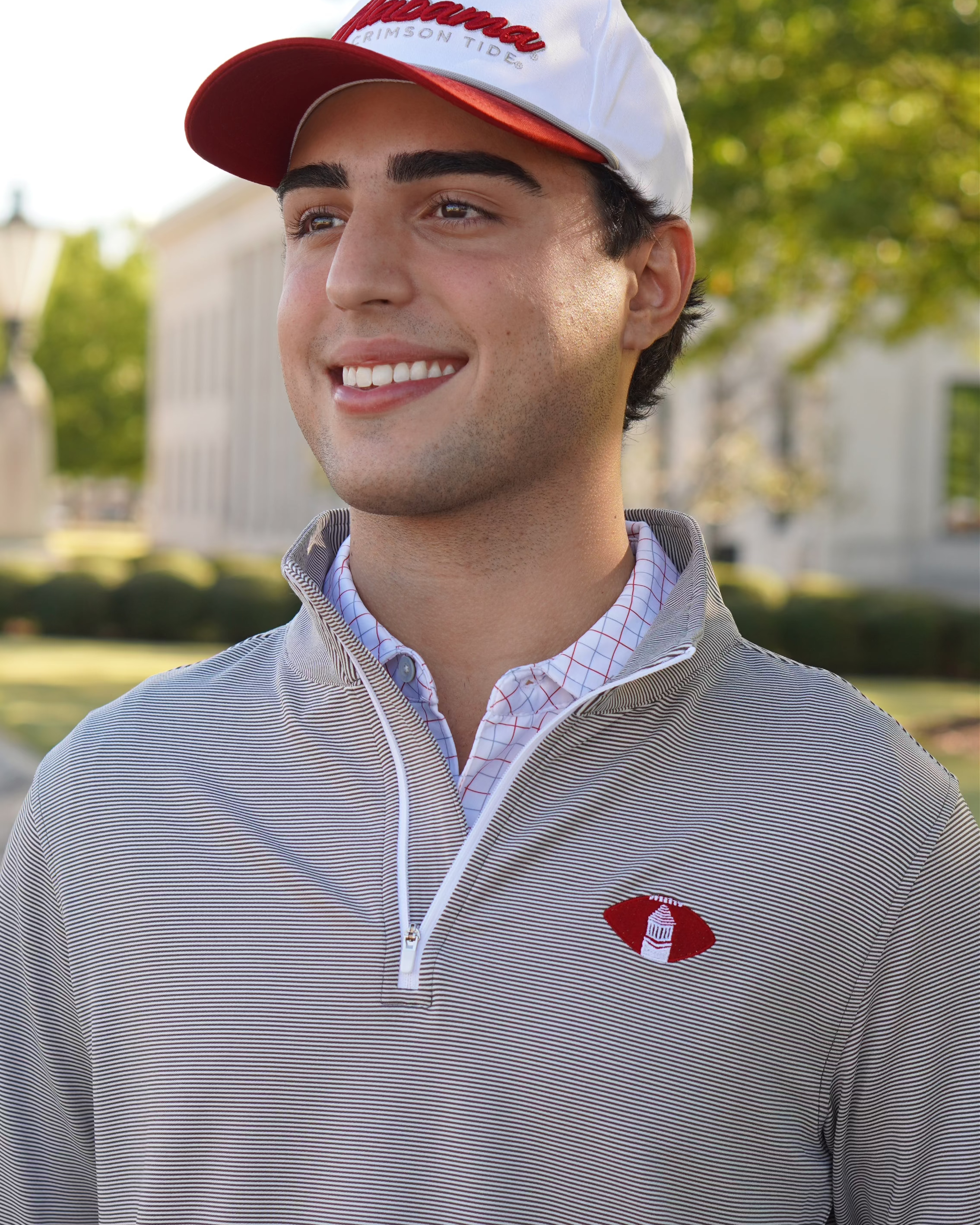 University of Alabama Grey Striped Men’s ¼ Zip Pullover with Denney Chimes in a football embroidered on the chest