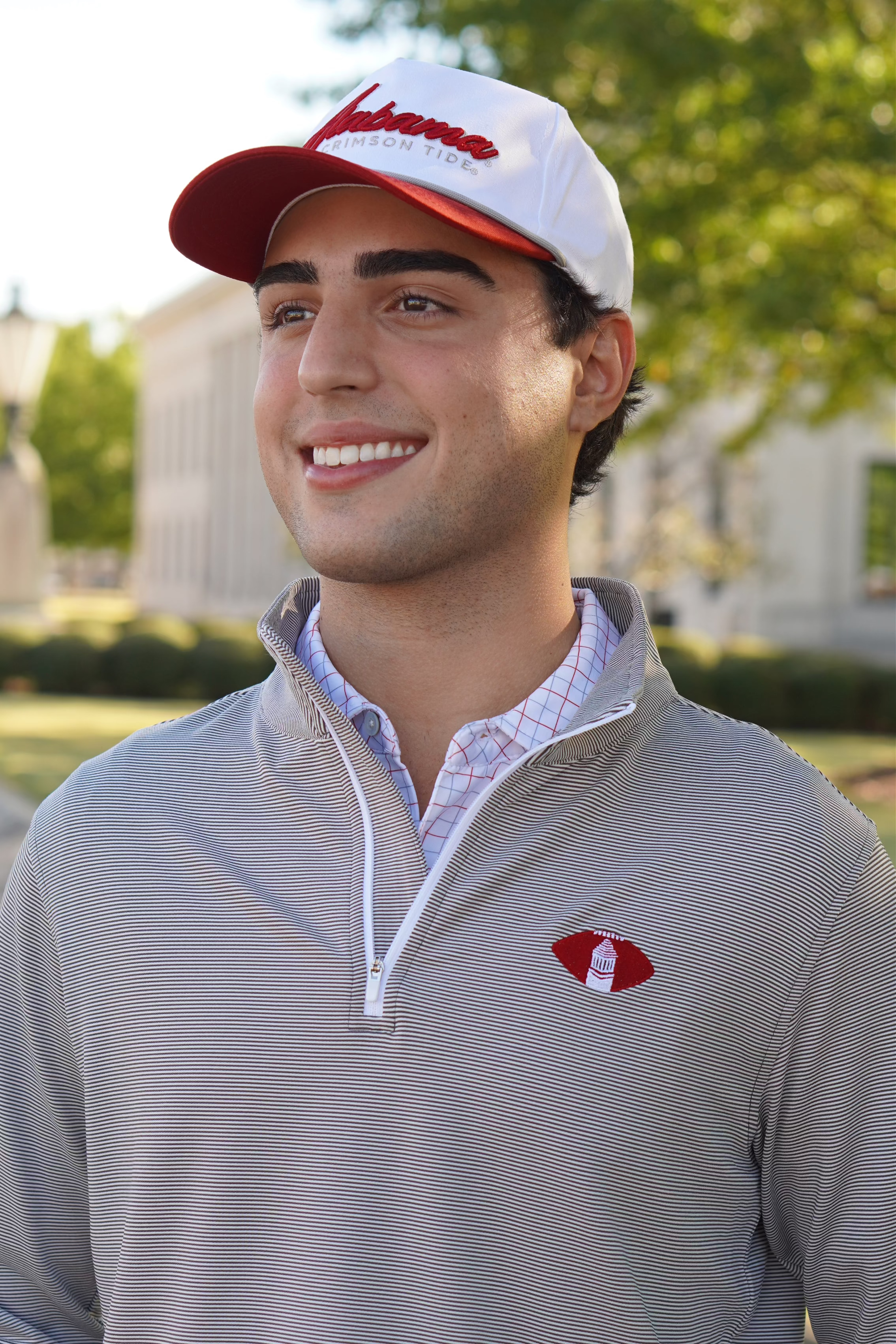 University of Alabama Grey Striped Men’s ¼ Zip Pullover with Denney Chimes in a football embroidered on the chest
