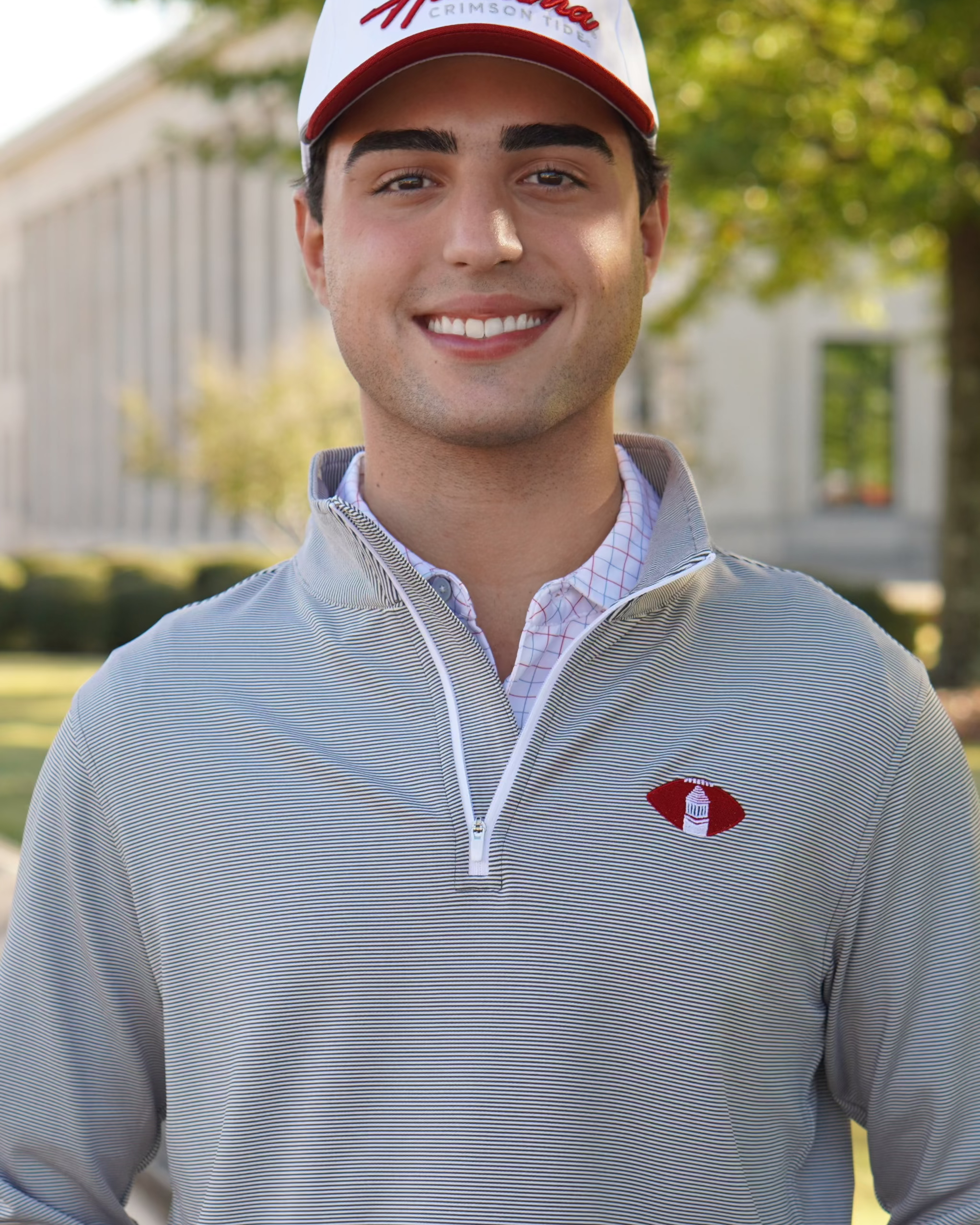 University of Alabama Grey Striped Men’s ¼ Zip Pullover with Denney Chimes in a football embroidered on the chest