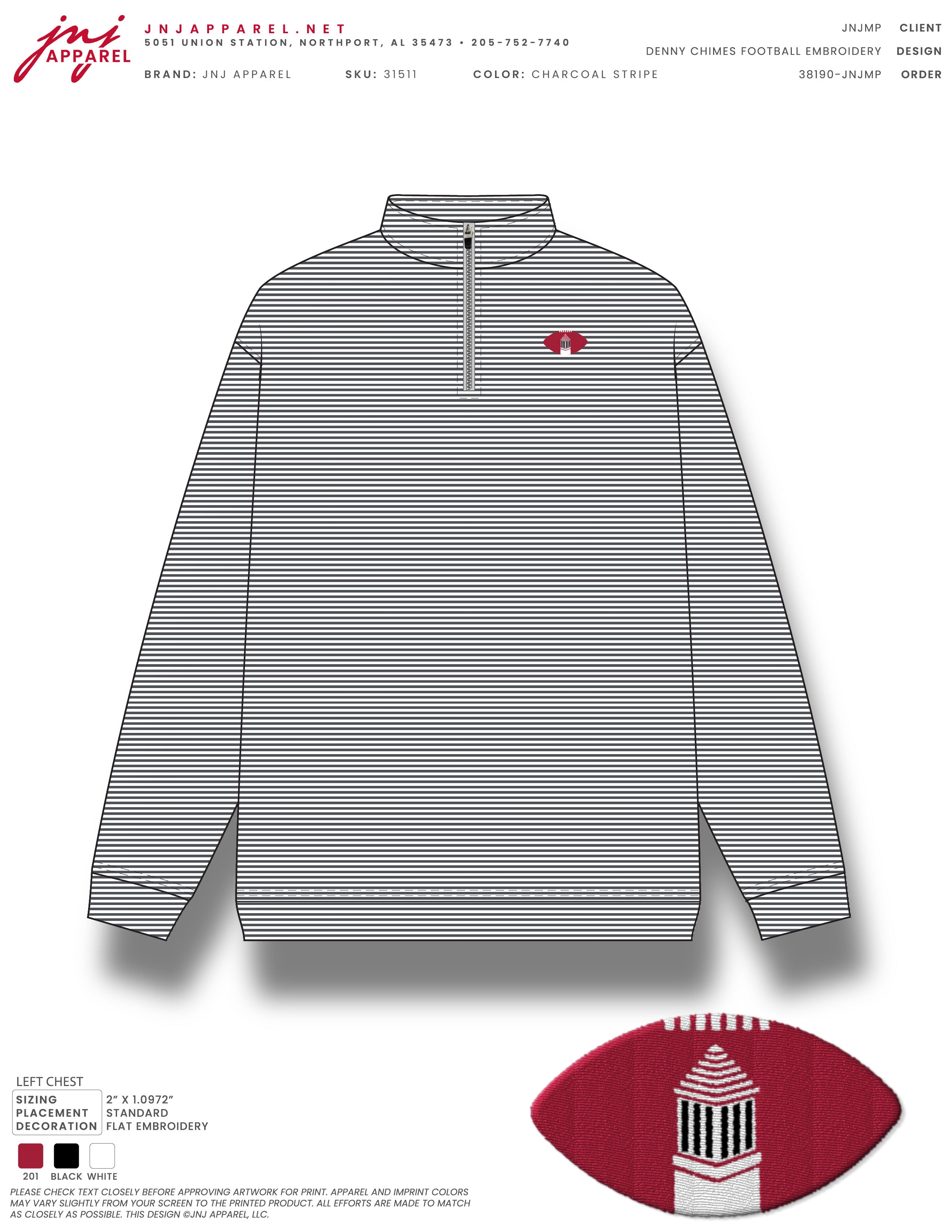 University of Alabama Grey Striped Men’s ¼ Zip Pullover with Denney Chimes in a football embroidered on the chest