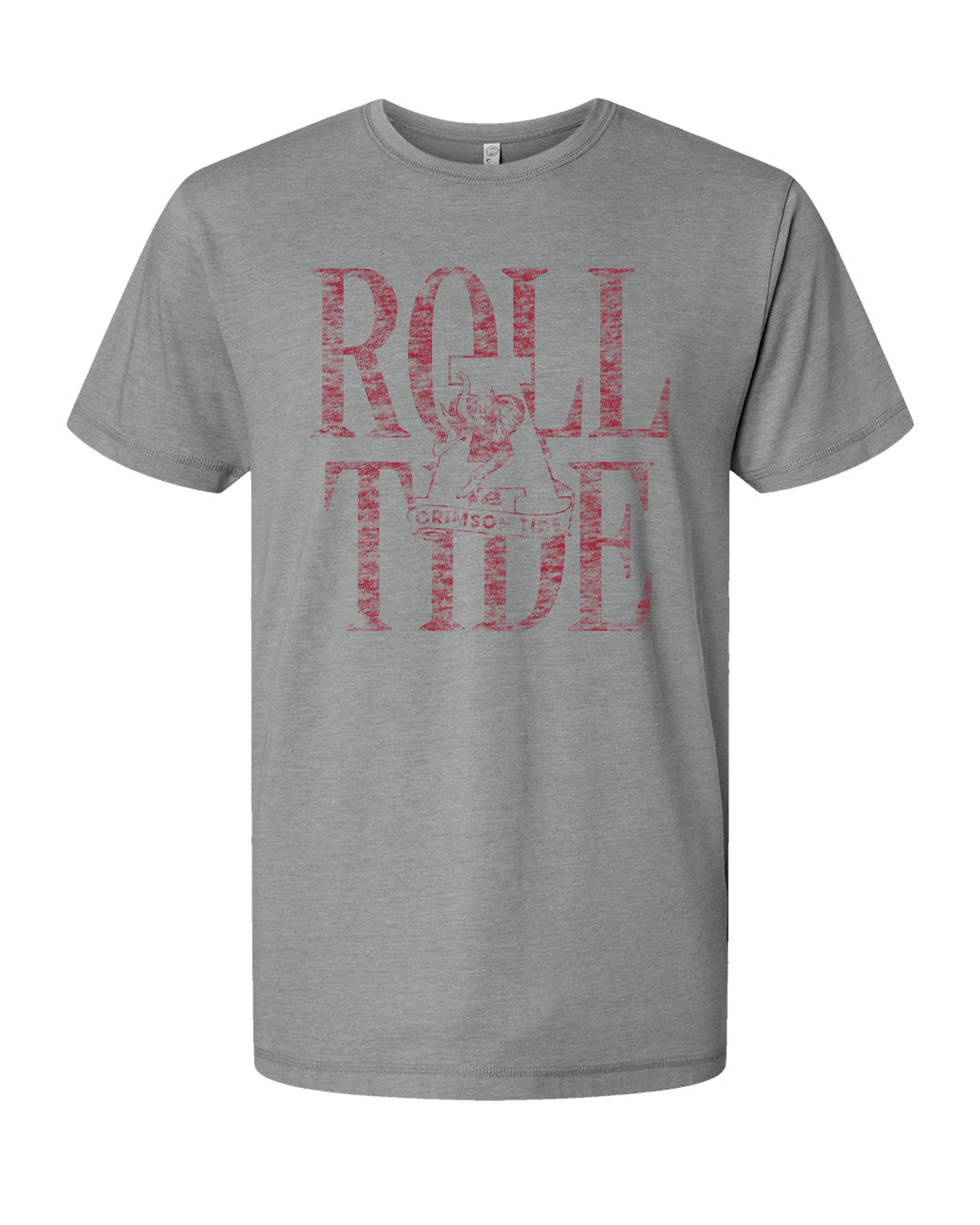 University of Alabama Grey T-Shirt with a distressed print of the Vintage A logo in front of Red text “Roll Tide”