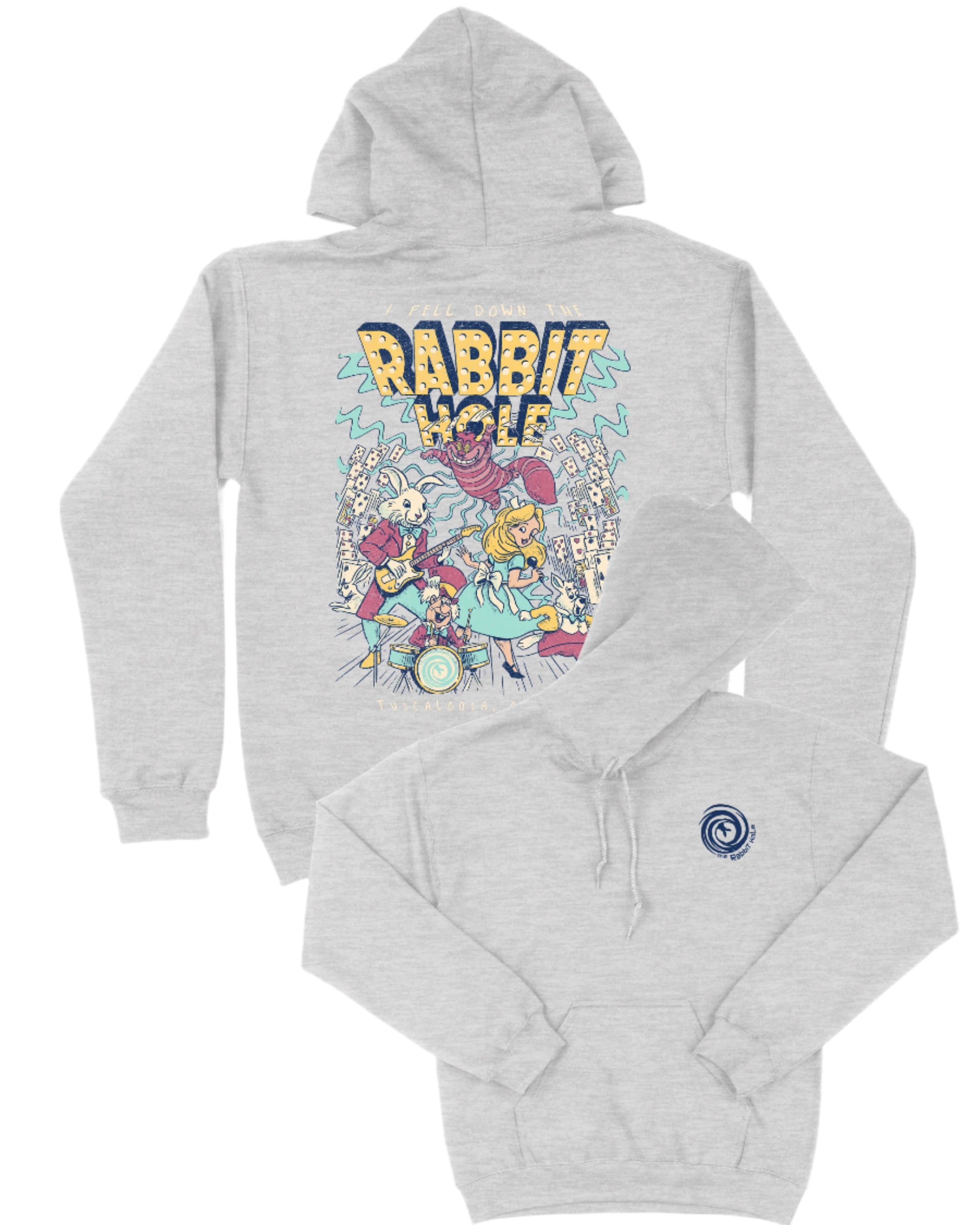 Grey Rabbit Hole Hoodie with marquee lights spelling "Rabbit Hole" lighting a band of Alice in Wonderland characters surrounded by paying cards