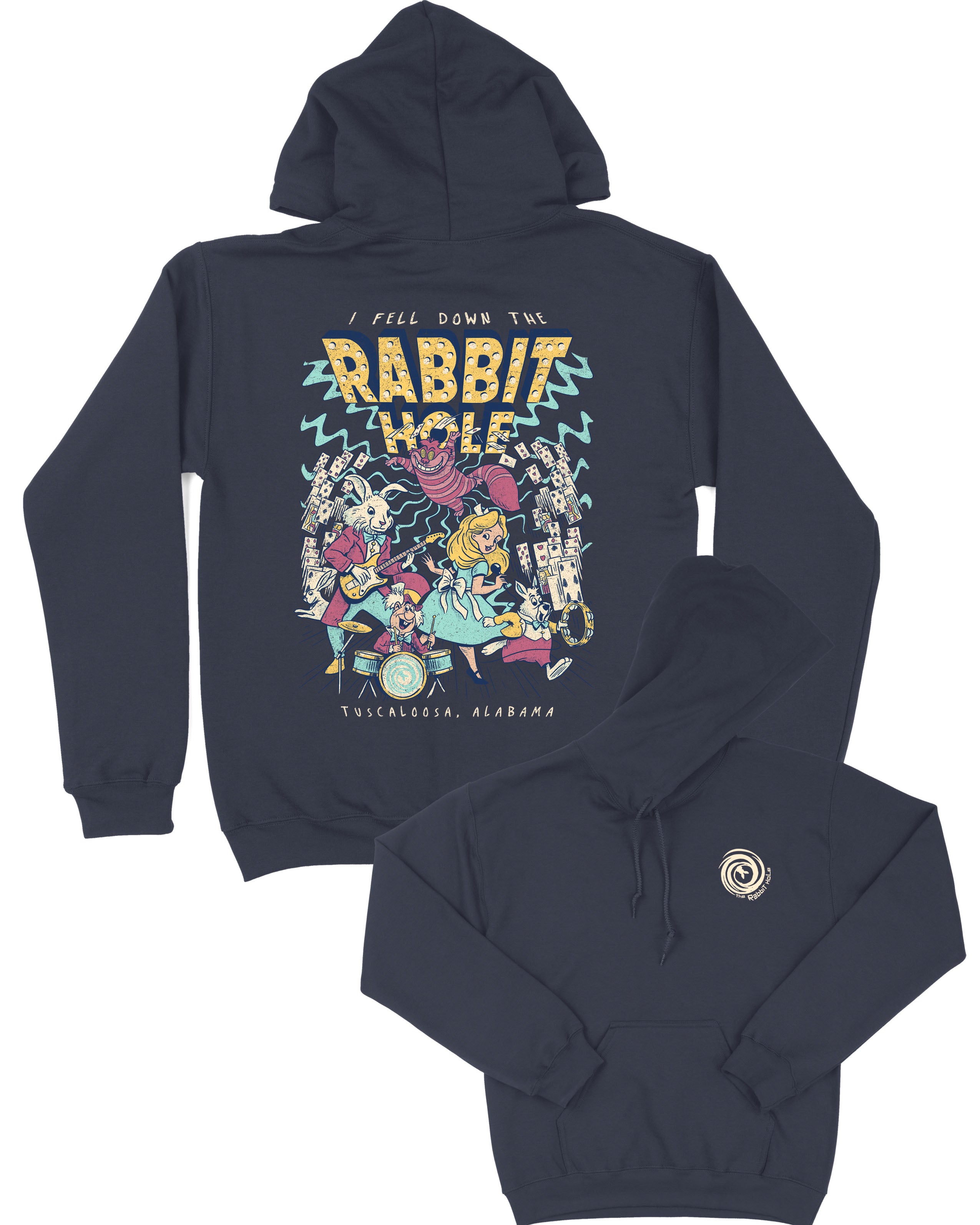 Navy Rabbit Hole Hoodie with marquee lights spelling "Rabbit Hole" lighting a band of Alice in Wonderland characters surrounded by playing cards