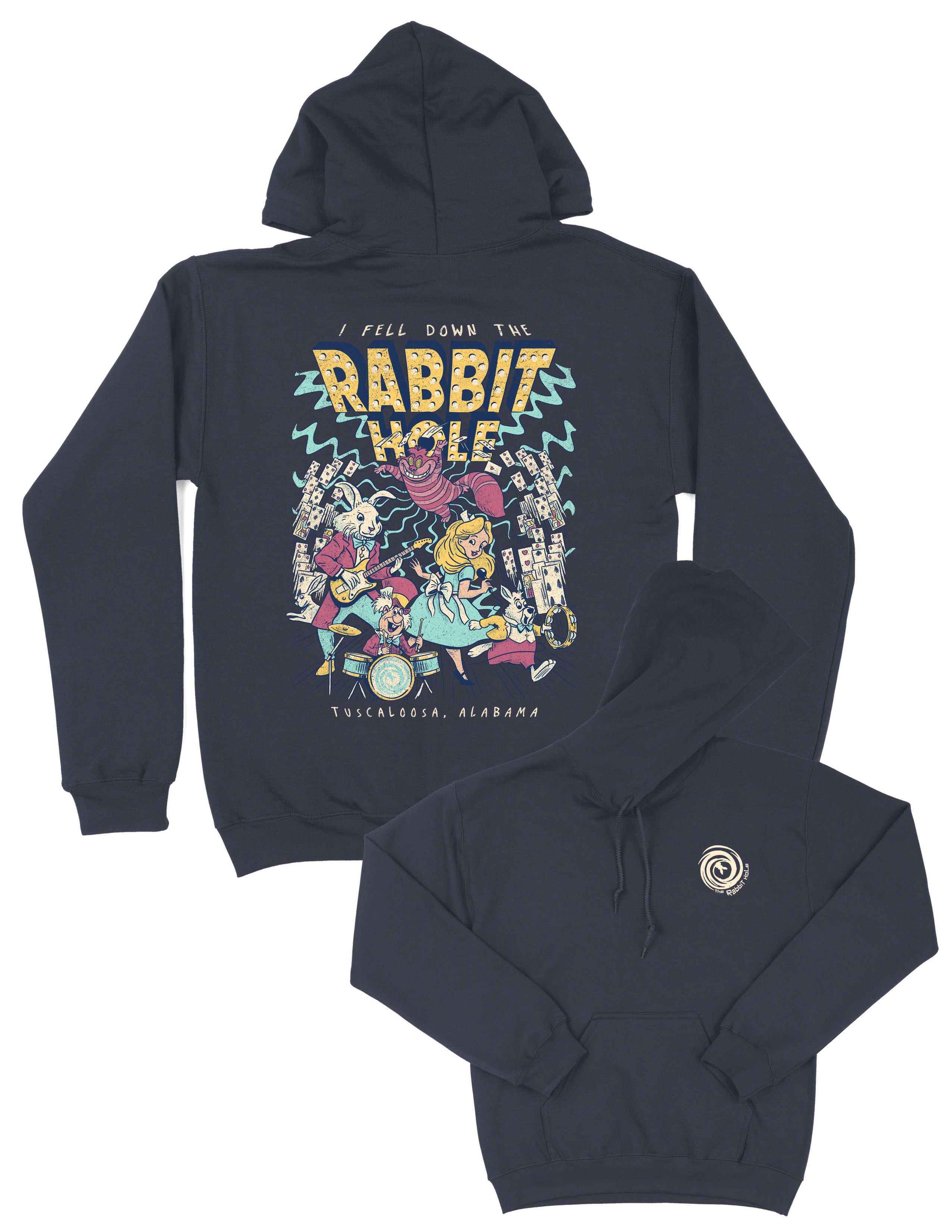 Navy Rabbit Hole Hoodie with marquee lights spelling "Rabbit Hole" lighting a band of Alice in Wonderland characters surrounded by playing cards