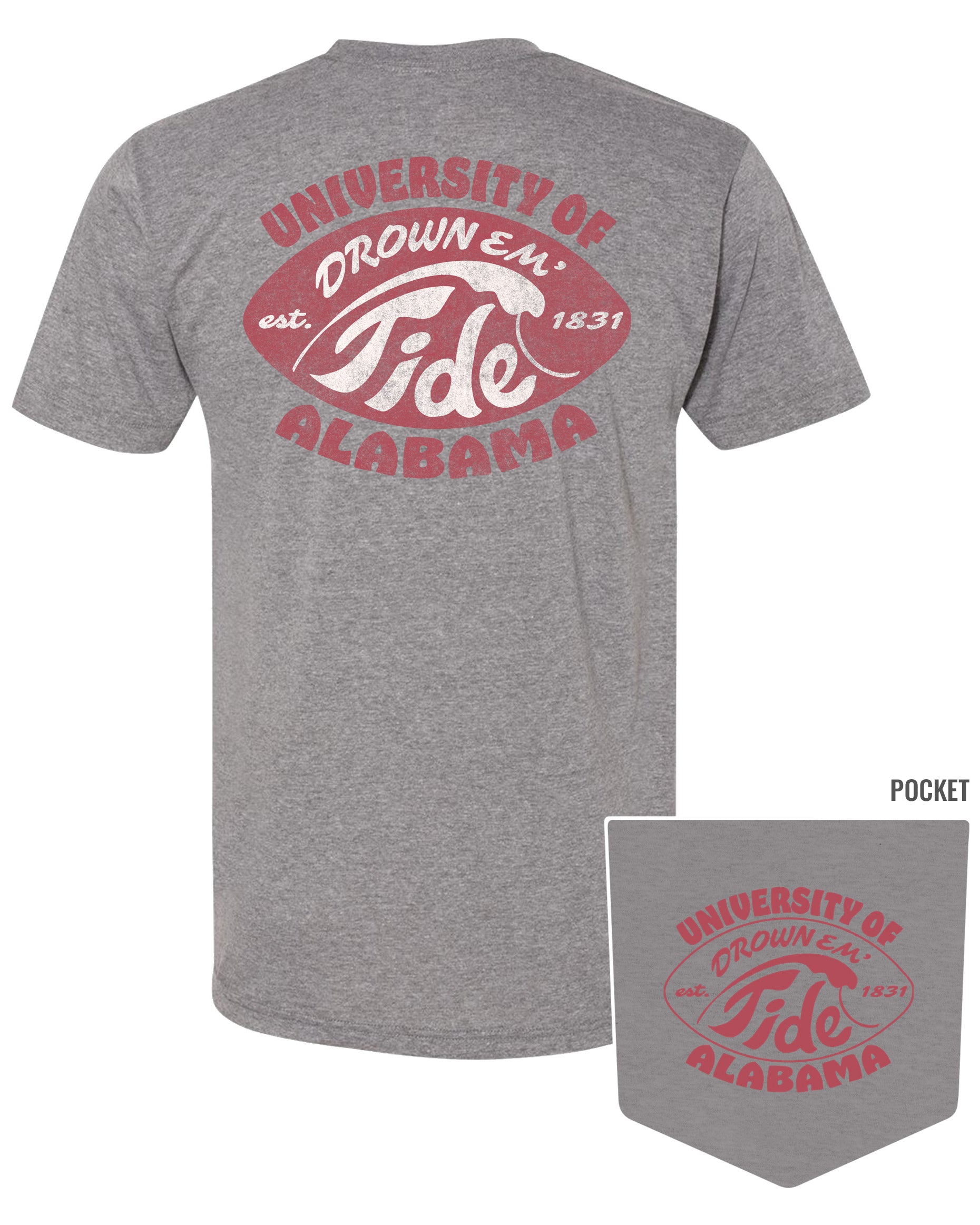 University of Alabama Gray T-Shirt with a Red football shape with a White outline of a tidal wave and White text "Drown 'Em Tide"