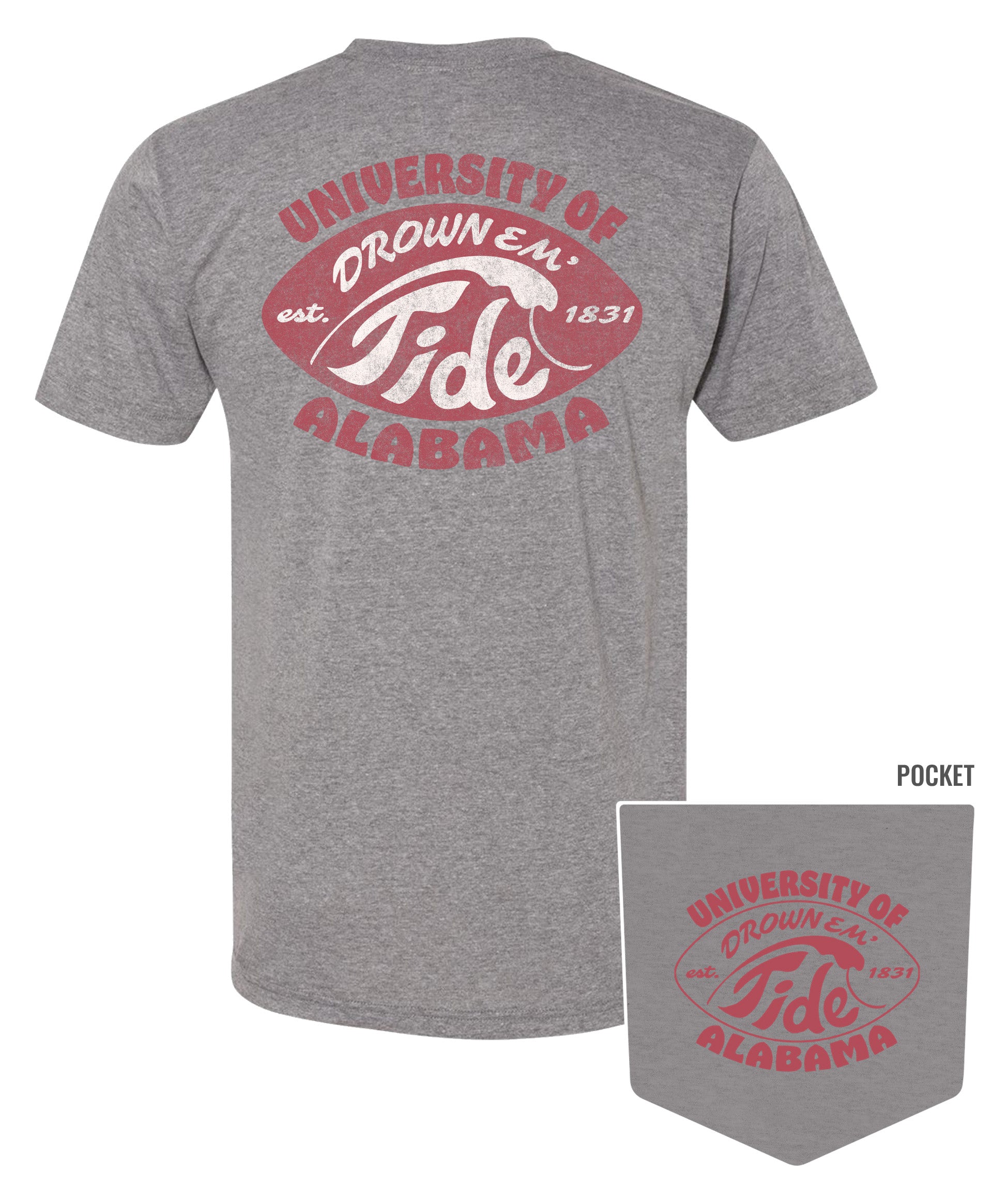 University of Alabama Gray T-Shirt with a Red football shape with a White outline of a tidal wave and White text "Drown 'Em Tide"