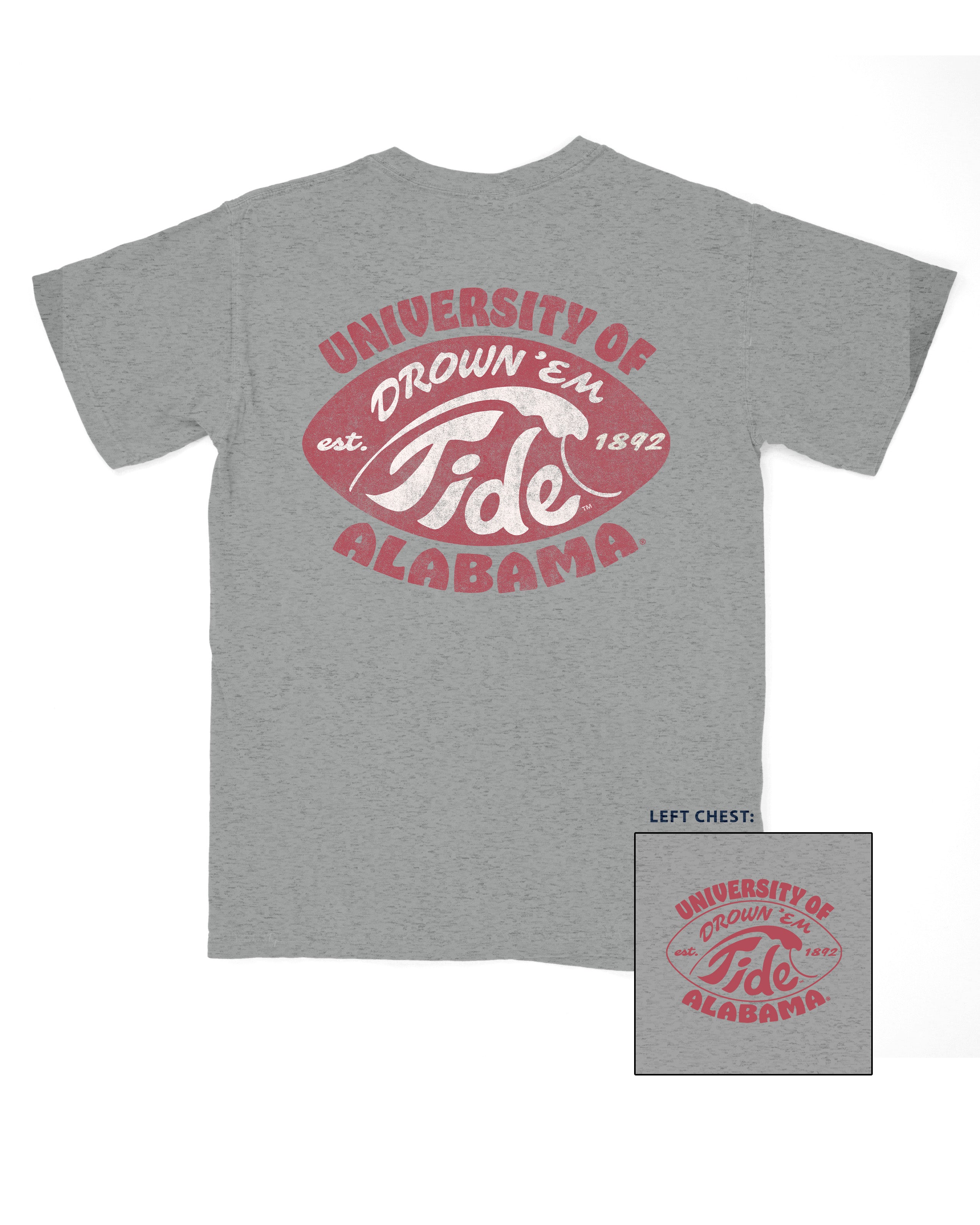 University of Alabama Gray T-Shirt with a Red football shape with a White outline of a tidal wave and White text "Drown 'Em Tide"