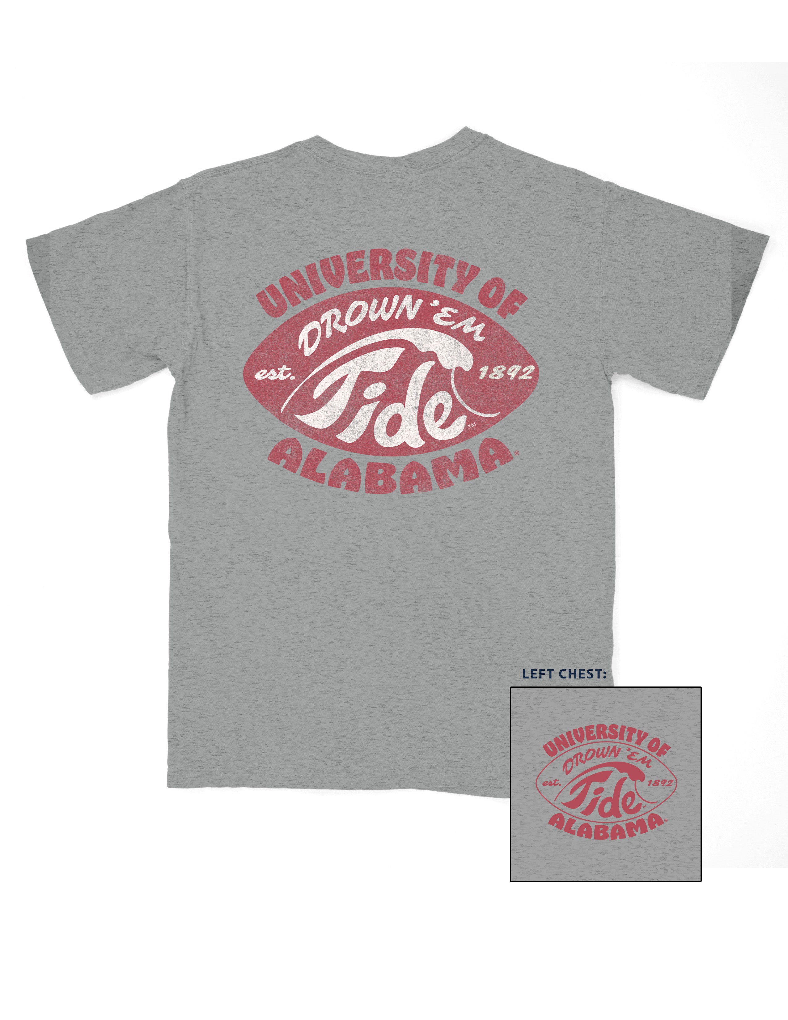 University of Alabama Gray T-Shirt with a Red football shape with a White outline of a tidal wave and White text "Drown 'Em Tide"