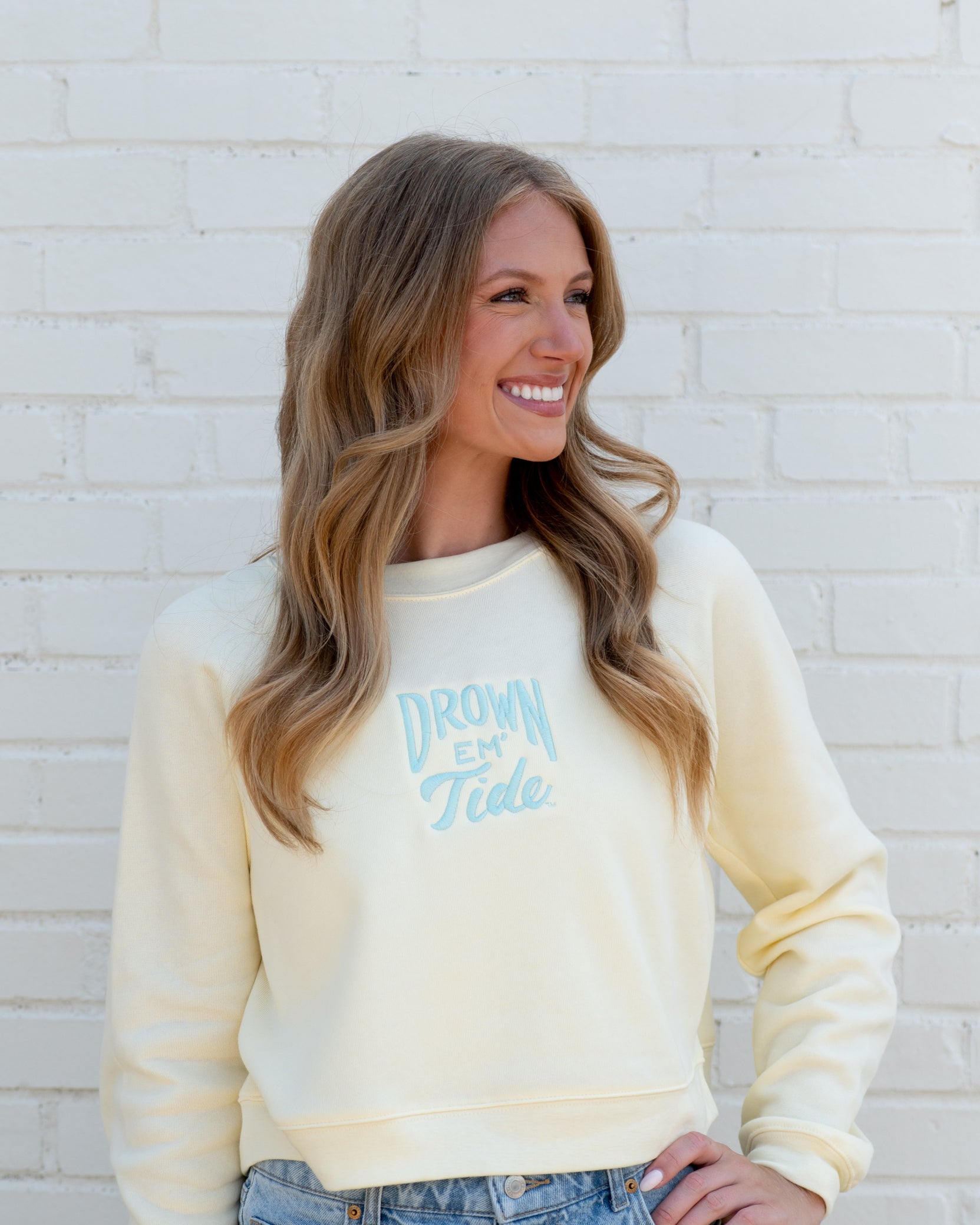 University of Alabama Yellow Ladies Sweatshirt with Blue Drown Em Tide Embroidery