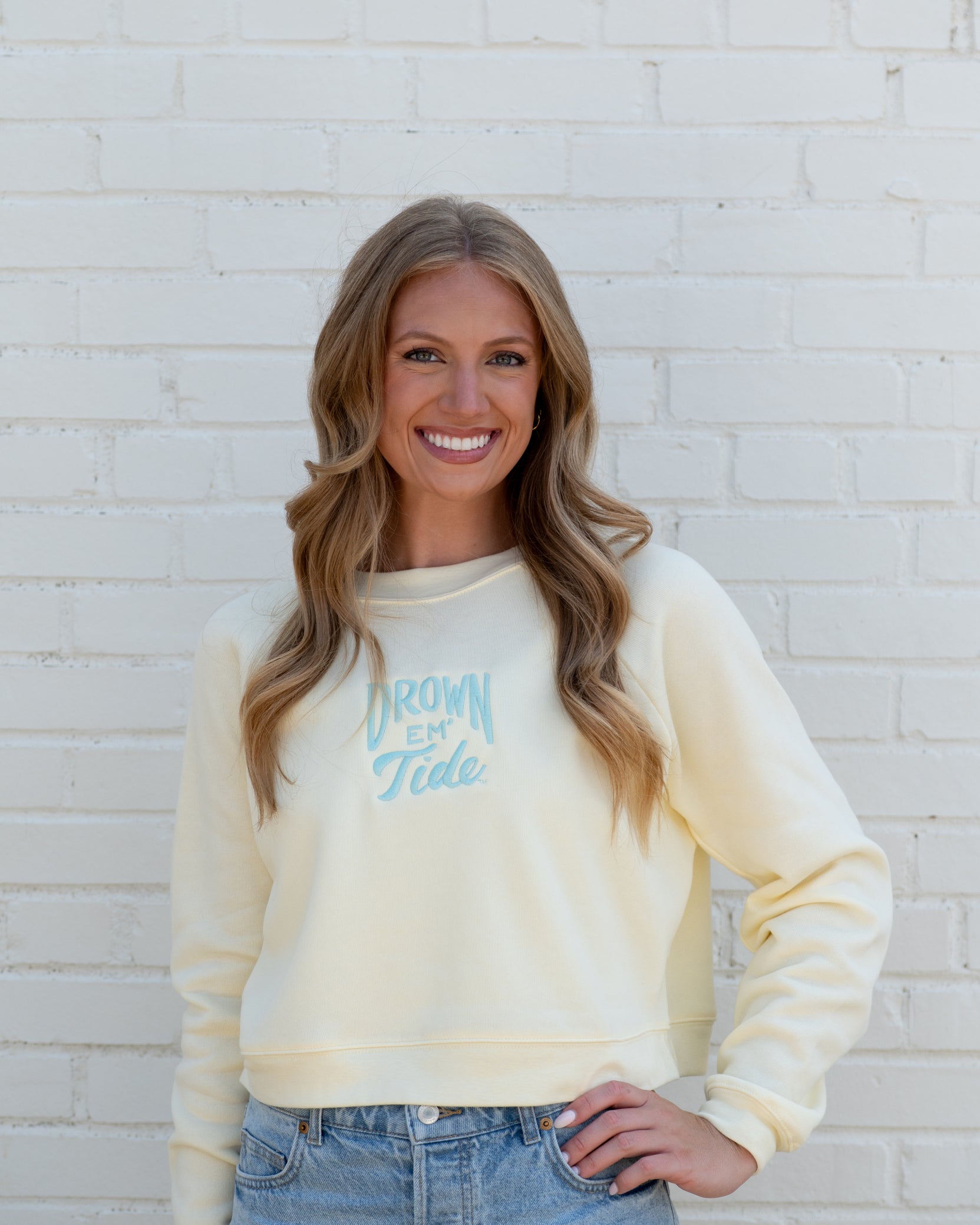 University of Alabama Yellow Ladies Sweatshirt with Blue Drown Em Tide Embroidery
