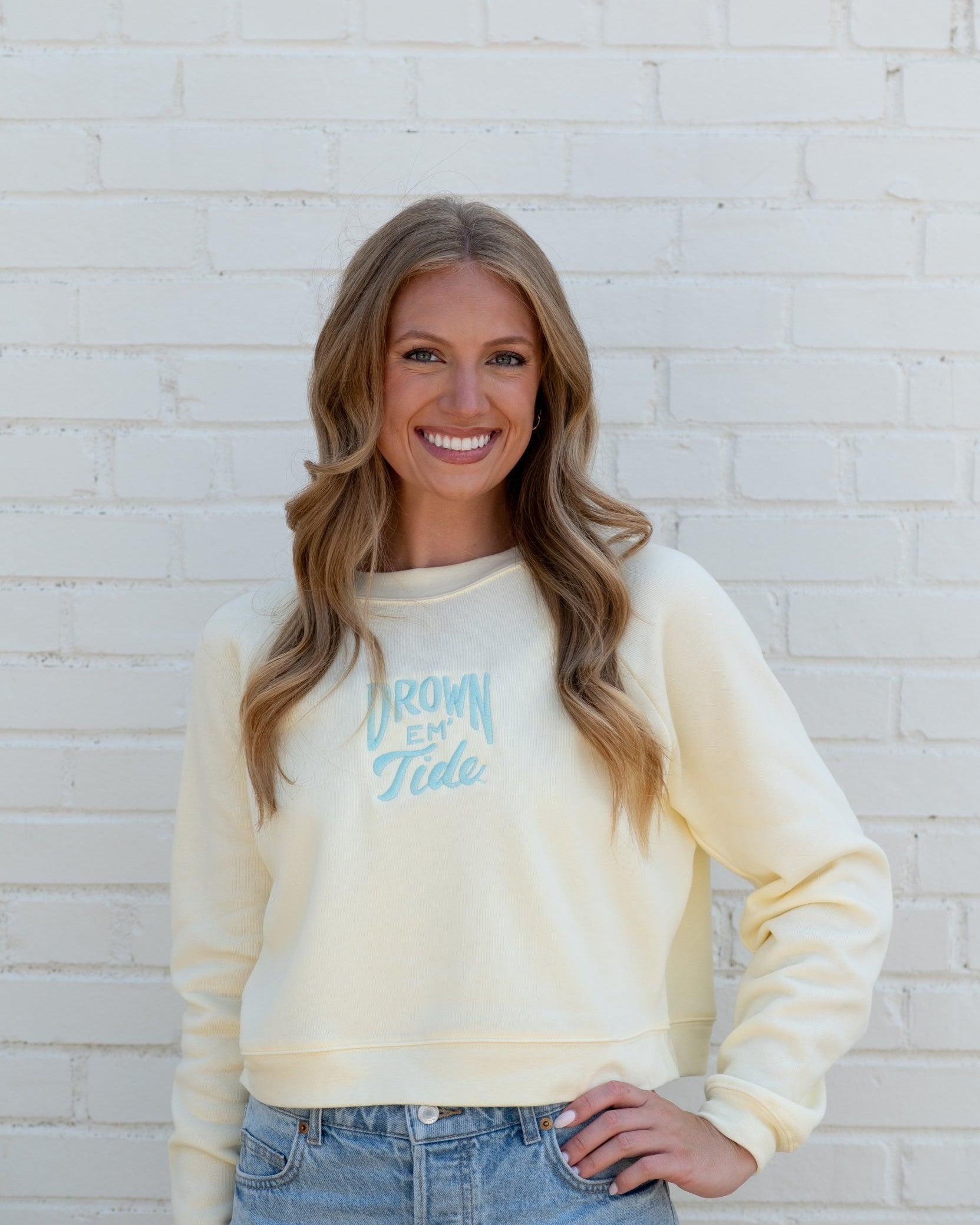 University of Alabama Yellow Ladies Sweatshirt with Blue Drown Em Tide Embroidery
