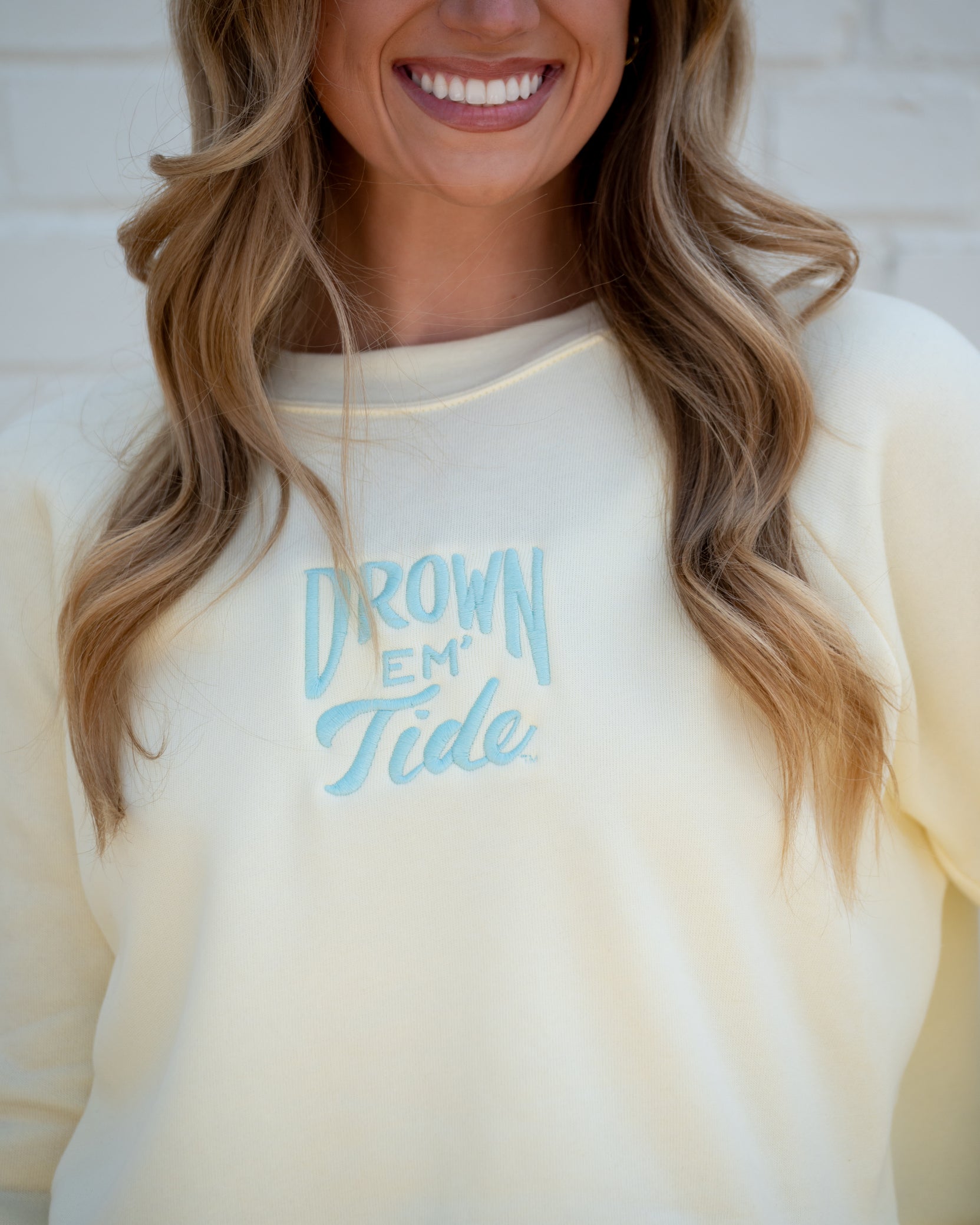 University of Alabama Yellow Ladies Sweatshirt with Blue Drown Em Tide Embroidery