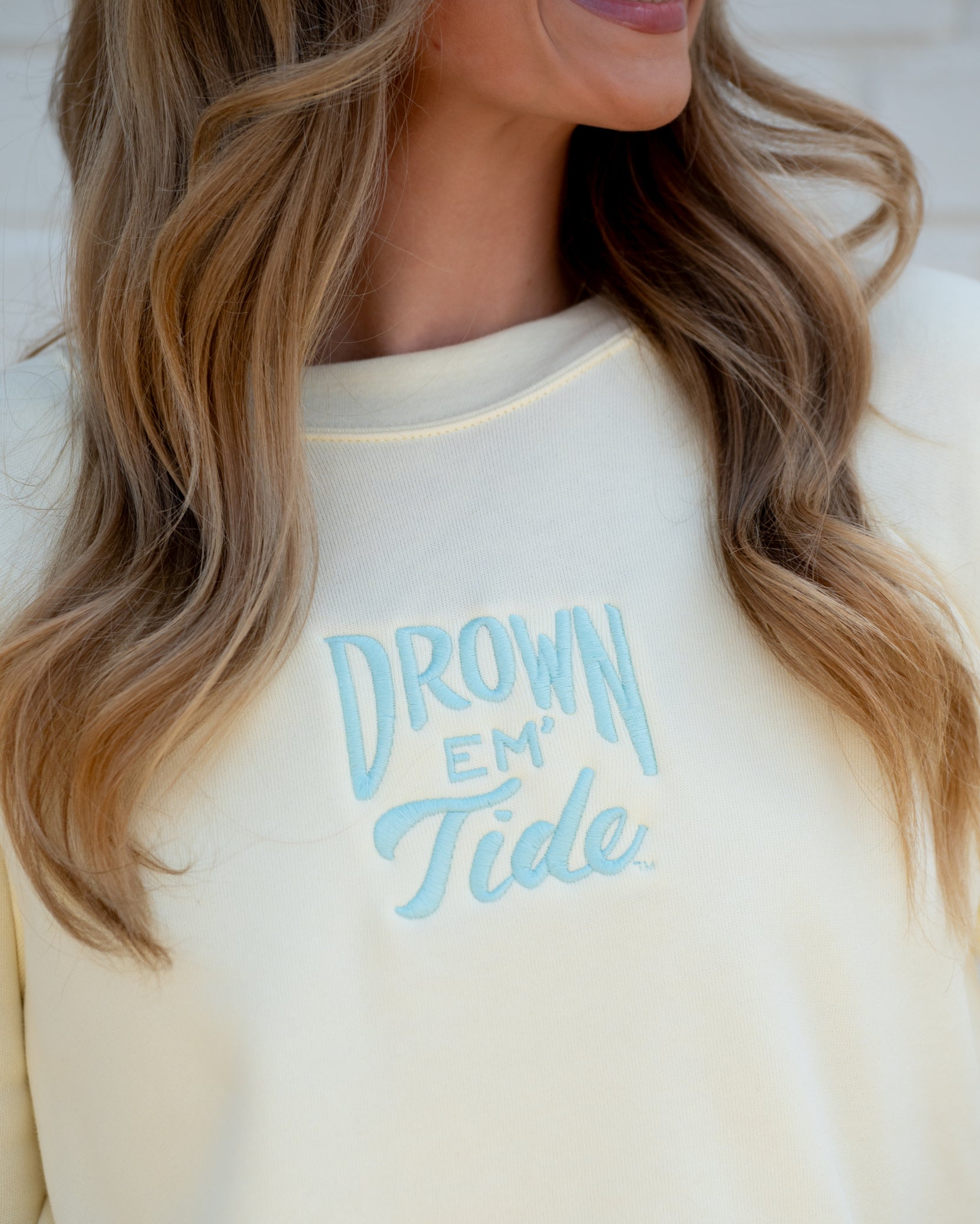 University of Alabama Yellow Ladies Sweatshirt with Blue Drown Em Tide Embroidery