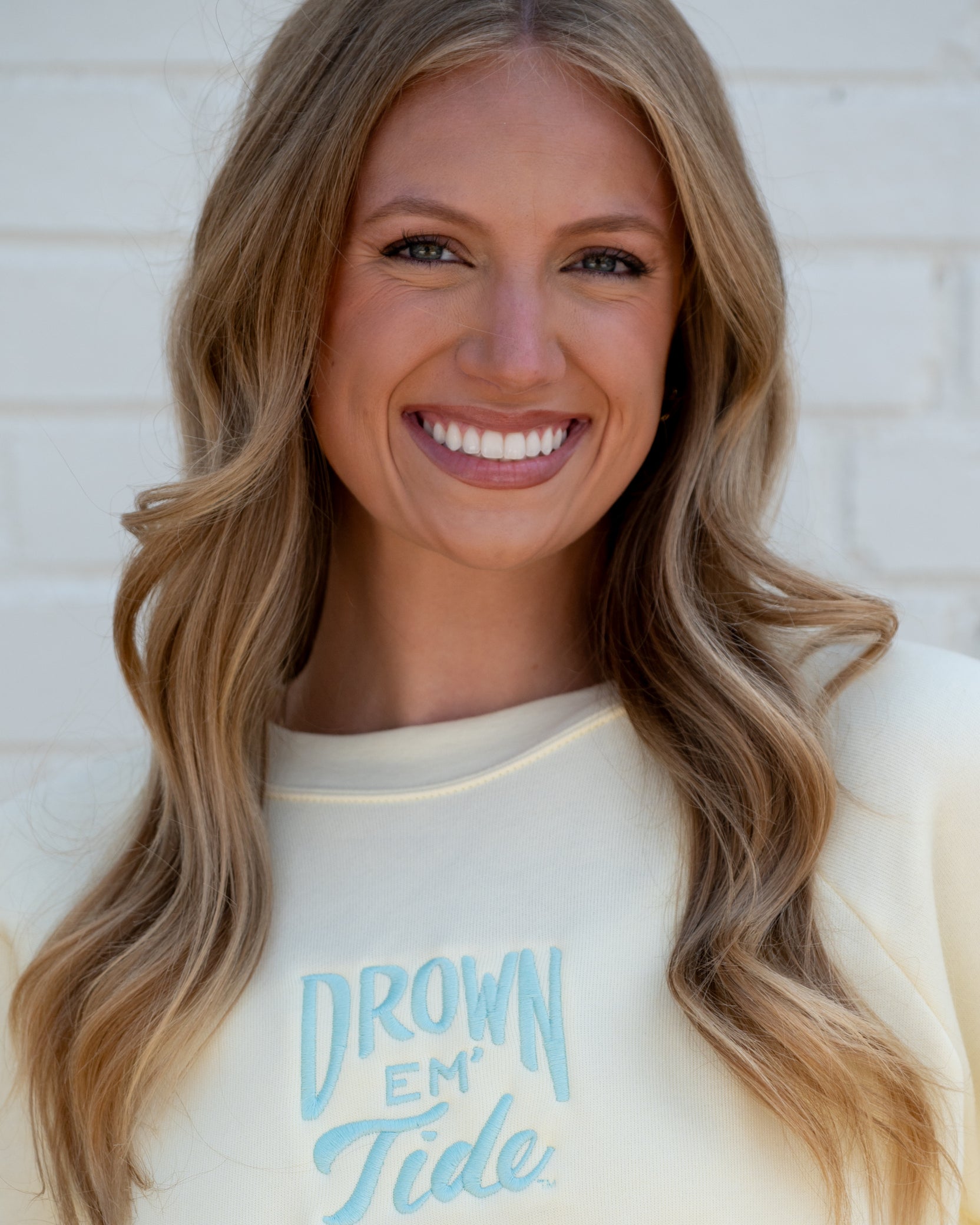 University of Alabama Yellow Ladies Sweatshirt with Blue Drown Em Tide Embroidery