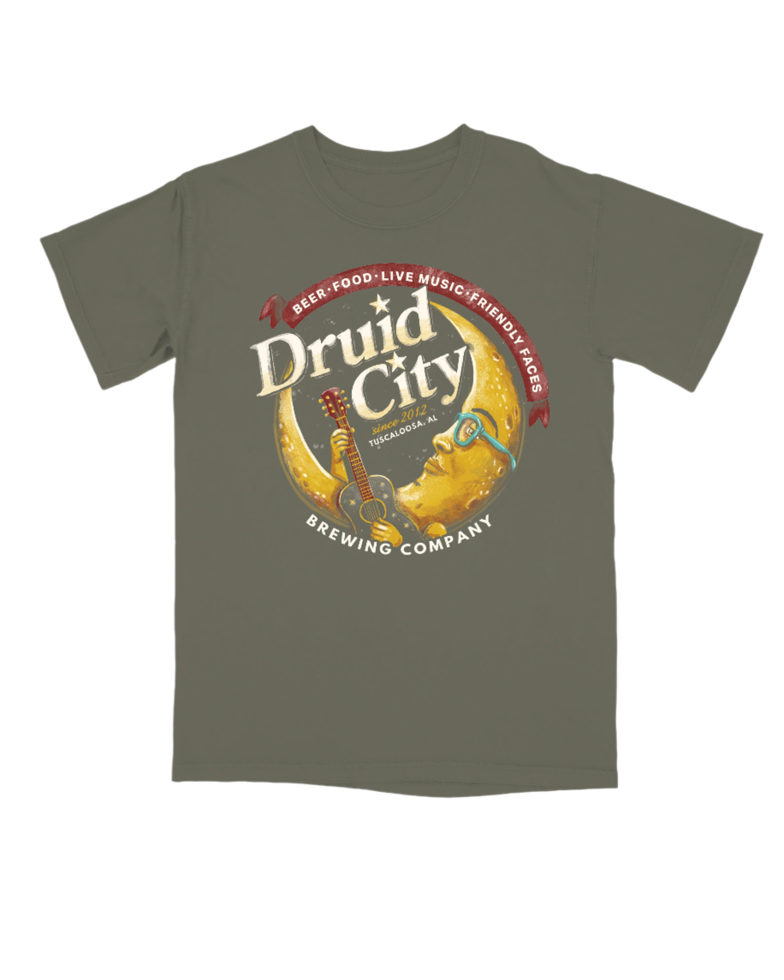 Druid City Brewing Company Olive Green Tee with text "Druid City" above a Crescent Moon wearing glasses and playing a guitar