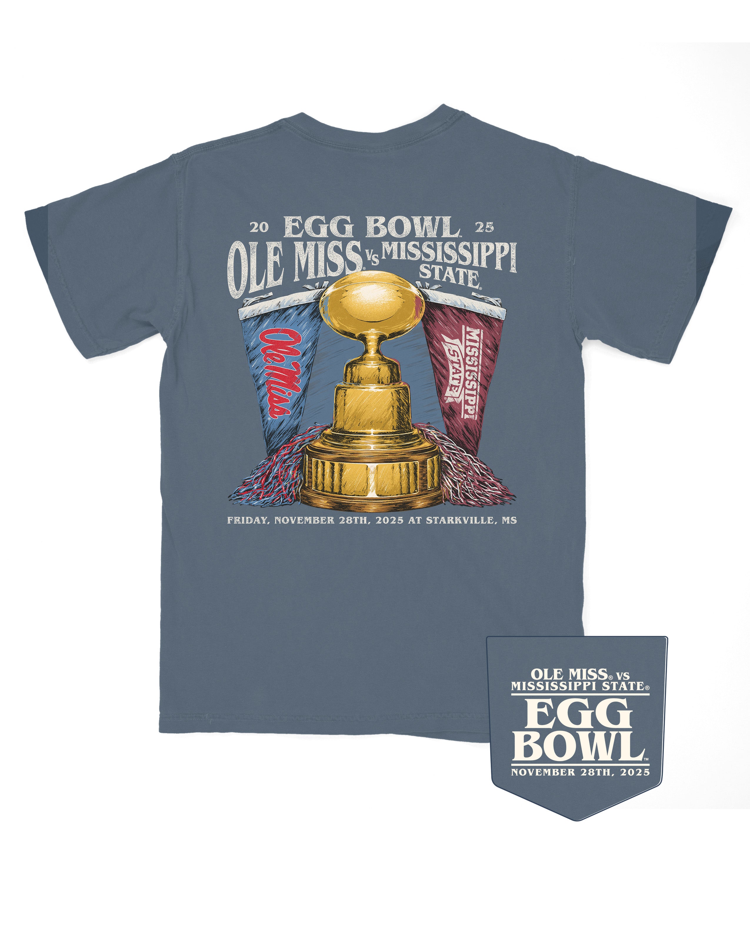 Ole Miss and Mississippi State Blue T-Shirt with Text “Egg Bowl Ole Miss vs Mississippi State” above a golden football trophy and an Ole Miss Flag and Shaker on the left and a Mississippi State Flag and Shaker on the right