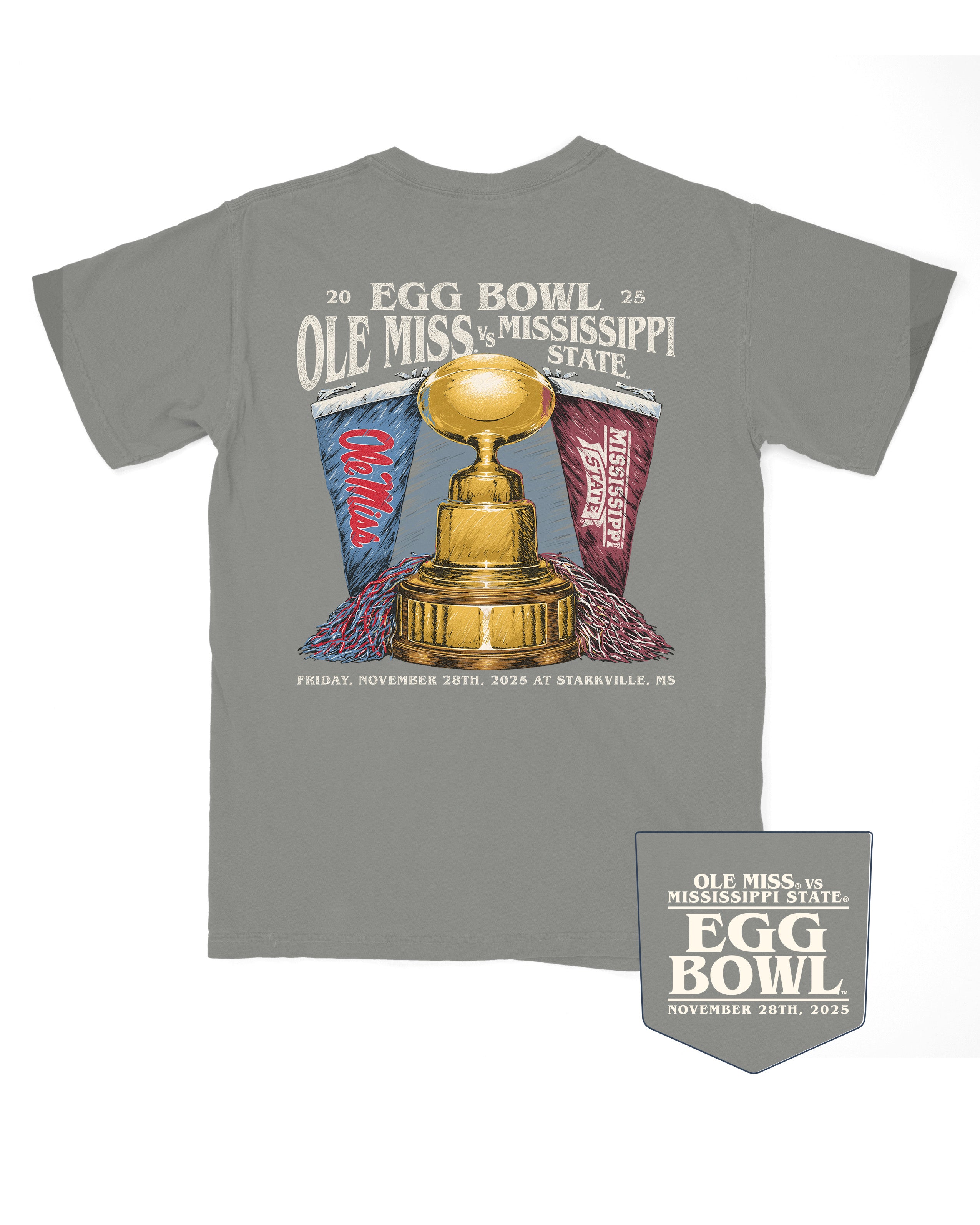 Ole Miss and Mississippi State Grey T-Shirt with Text “Egg Bowl Ole Miss vs Mississippi State” above a golden football trophy and an Ole Miss Flag and Shaker on the left and a Mississippi State Flag and Shaker on the right