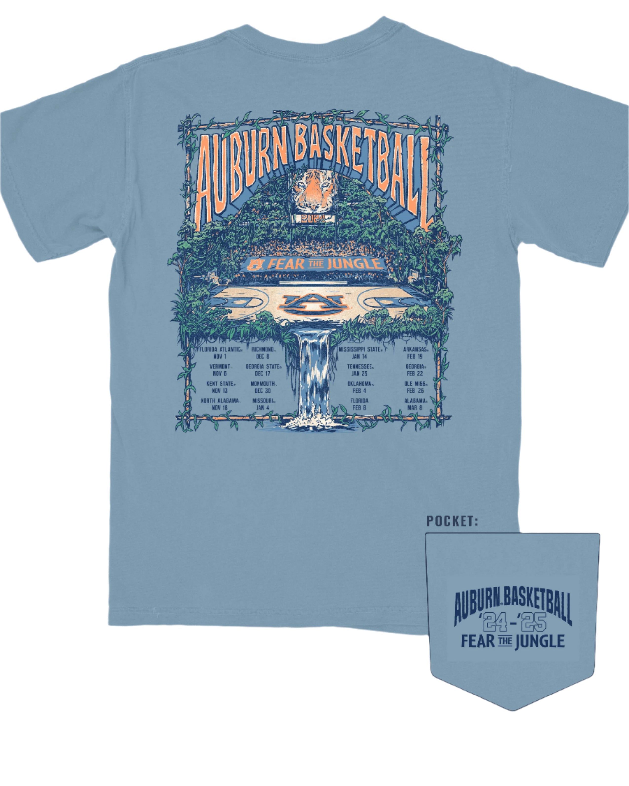 Auburn University Ice Blue Fear The Jungle T-Shirt with Orange text "Auburn Basketball" and an image of the Auburn basketball court in the middle of a jungle with a waterfall spilling into the game schedule
